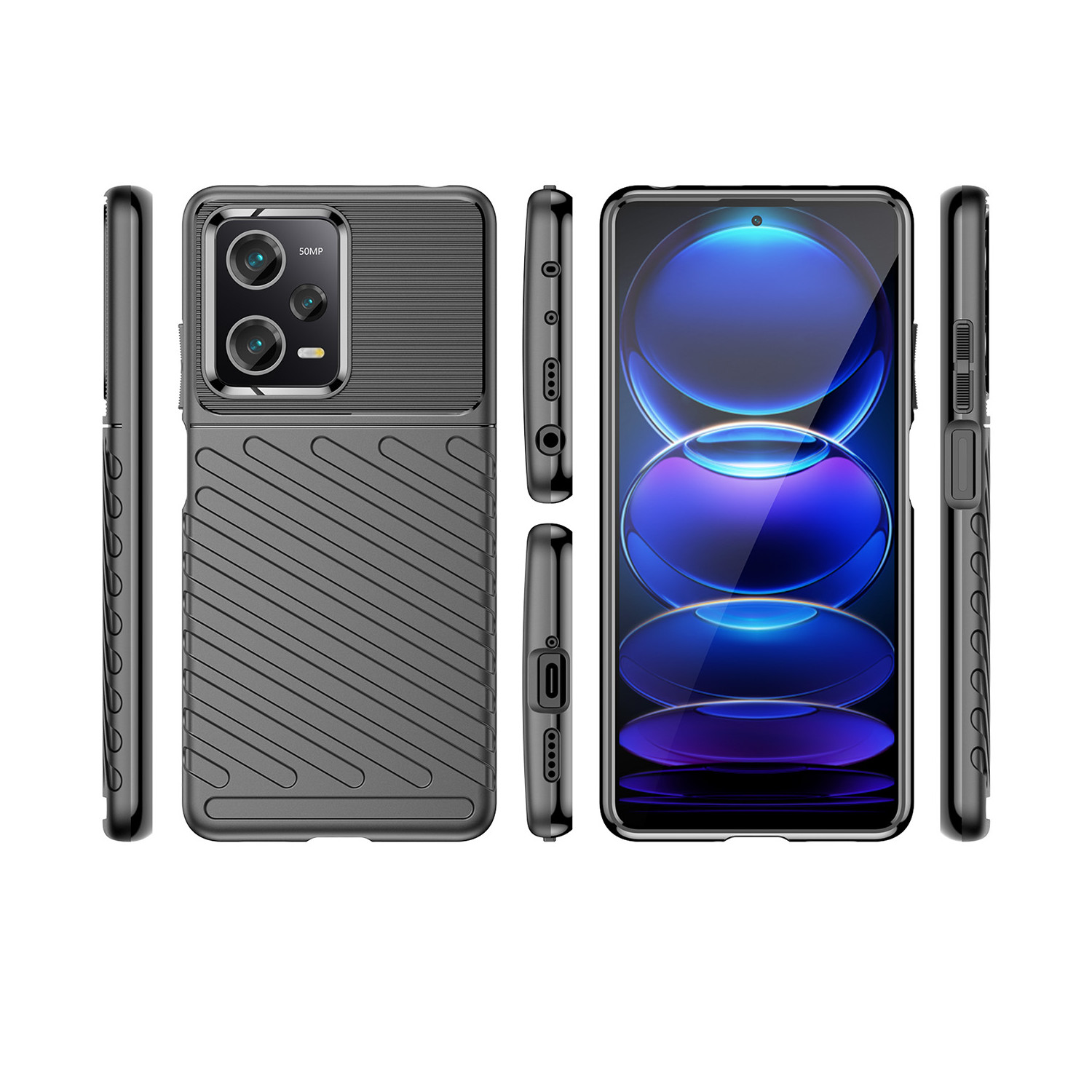Ein Smartphone mit Hülle, Seitenansichten, Rückansicht und Vorderansicht zeigend.