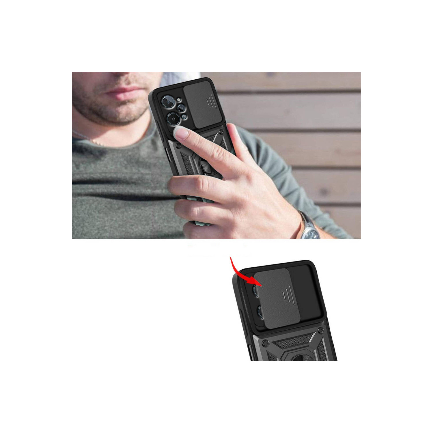 Eine Person hält ein Telefon mit einer schwarzen Hülle. Die Hülle ist ein Schiebedesign zum Schutz der Kamera.