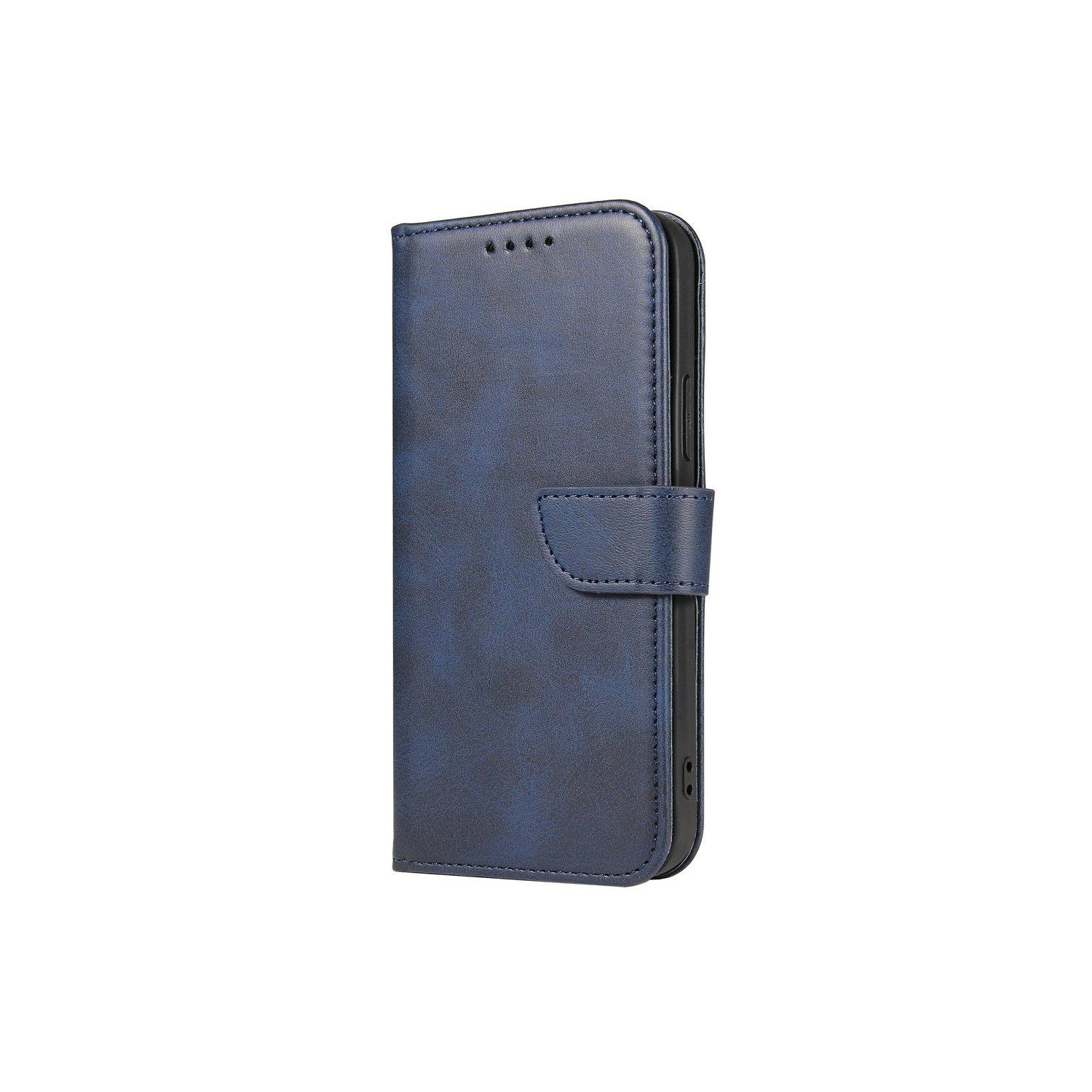 Ein blaues Handycase im Brieftaschenstil, geschlossen. Es hat einen Riemen und eine strukturierte Oberfläche.