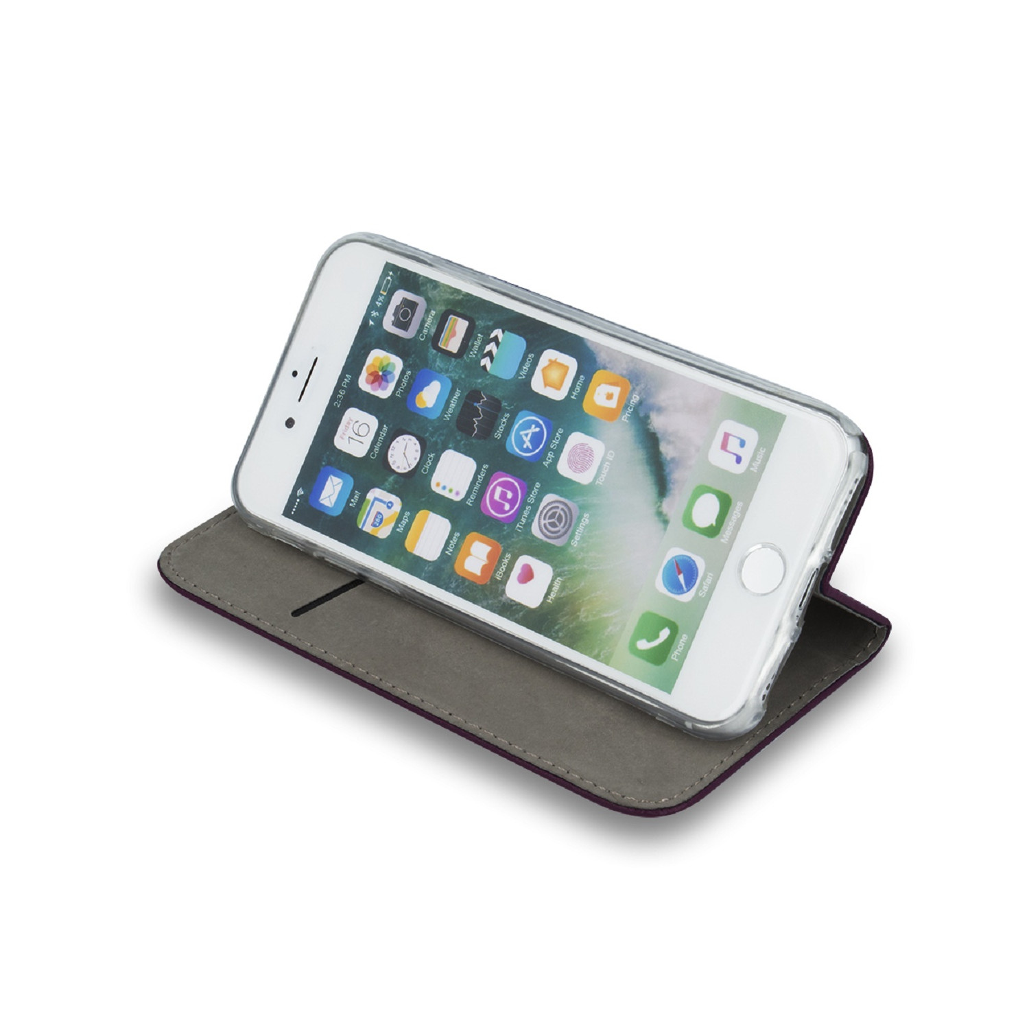 Ein weißes iPhone in einer transparenten Hülle, das auf einer geschlossenen Brieftaschenhülle liegt.