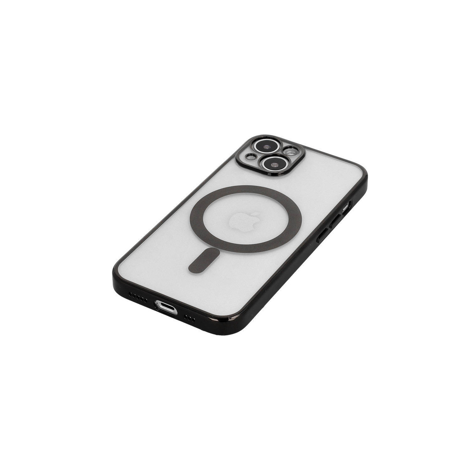 Eine transparente Handyhülle mit schwarzem Rand. Sie hat einen schwarzen Kreis mit Apple-Logo und Kameraausschnitten.