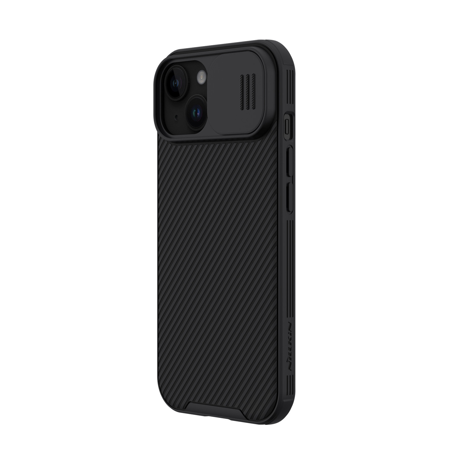 Coque de téléphone noire avec un cache caméra. Texture côtelée, avec la marque Nillkin. Fond blanc.