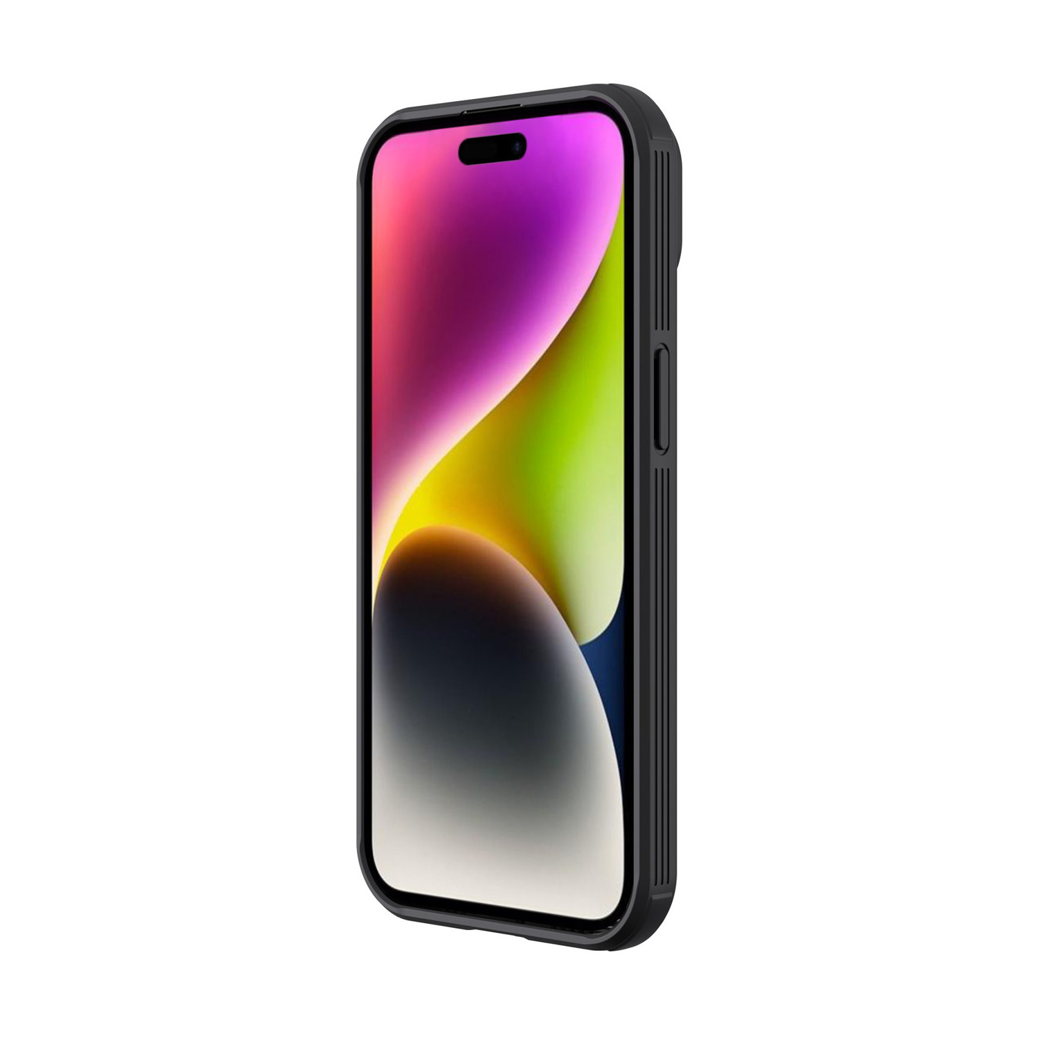 Smartphone noir dans un étui noir, vue en angle. L'écran affiche un dégradé coloré.