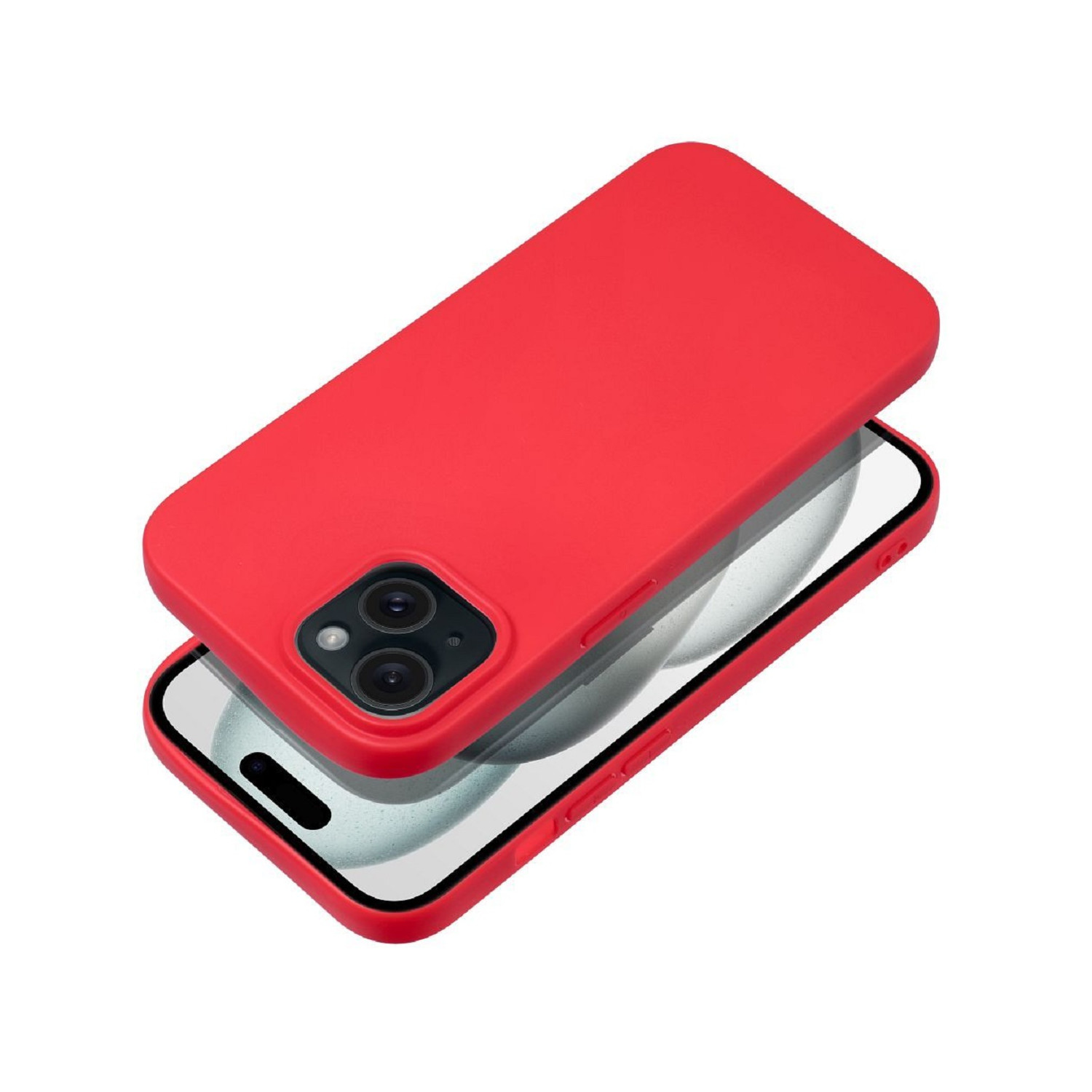 Eine rote Handyhülle auf weißem Hintergrund. Die Hülle ist offen und zeigt das Telefon.