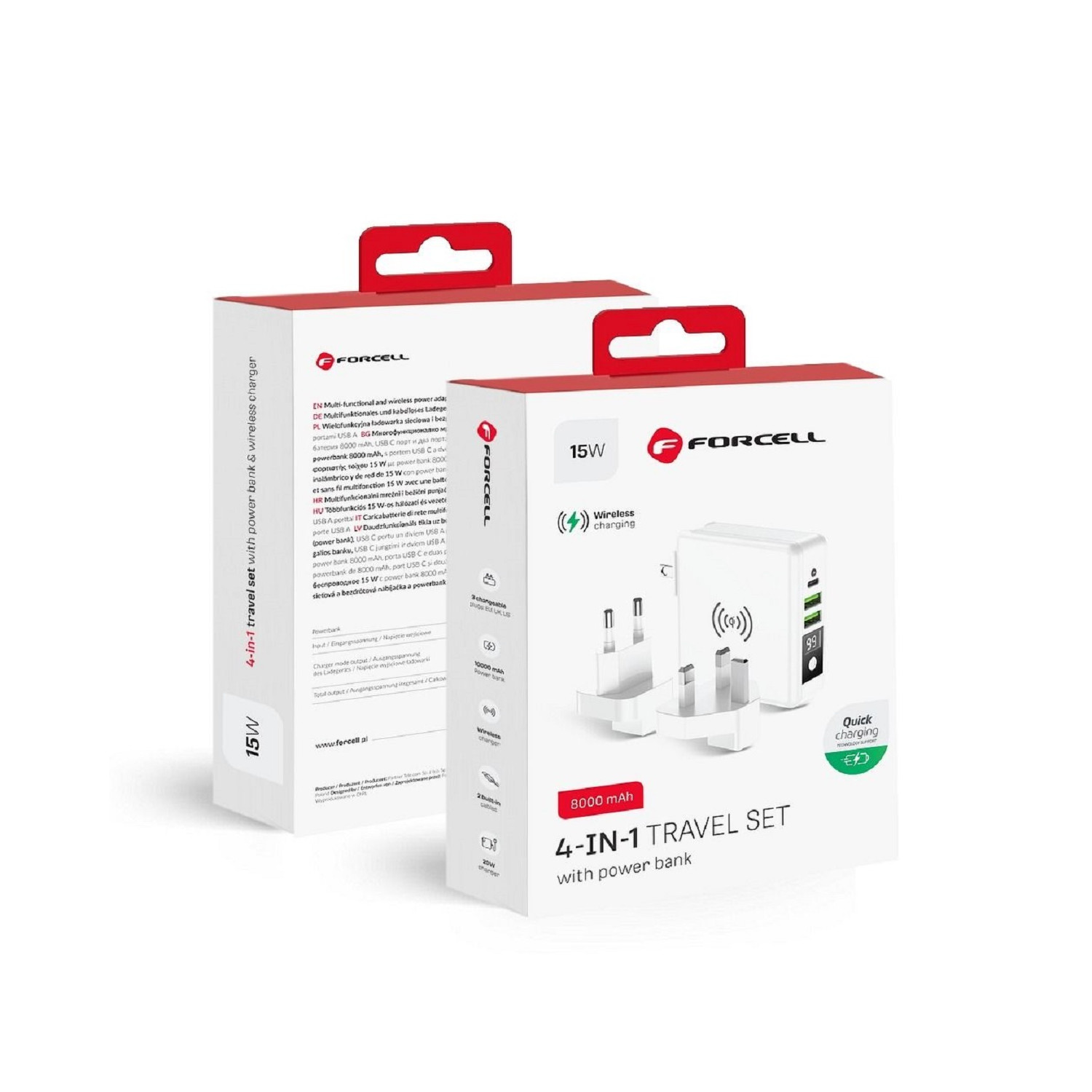 Zwei weiße und rote Forcell 4-in-1 Reise-Set-Boxen. Sie befinden sich auf weißem Hintergrund.