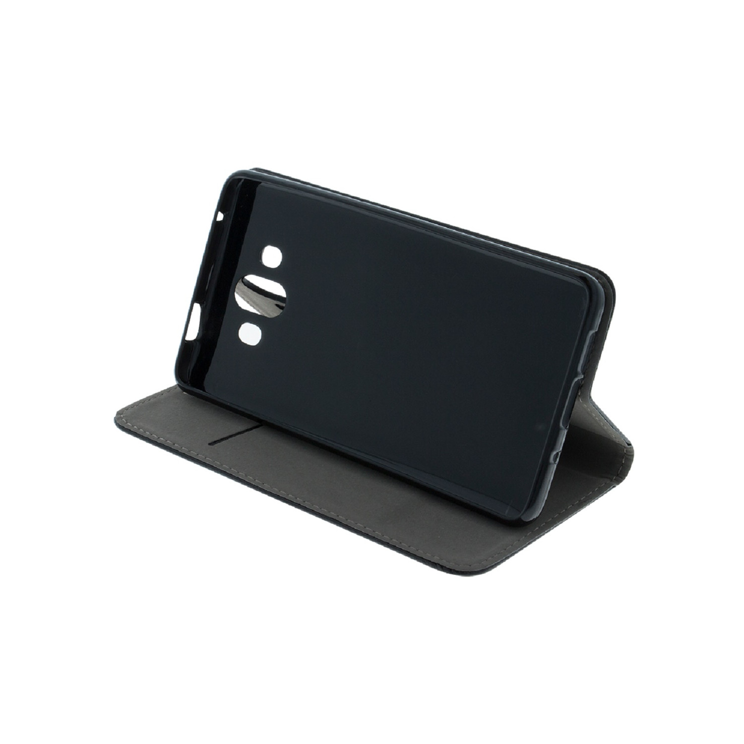 Schwarze Handyhülle mit einem Telefon darin, auf einer weißen Oberfläche angezeigt. Der Koffer ist offen.