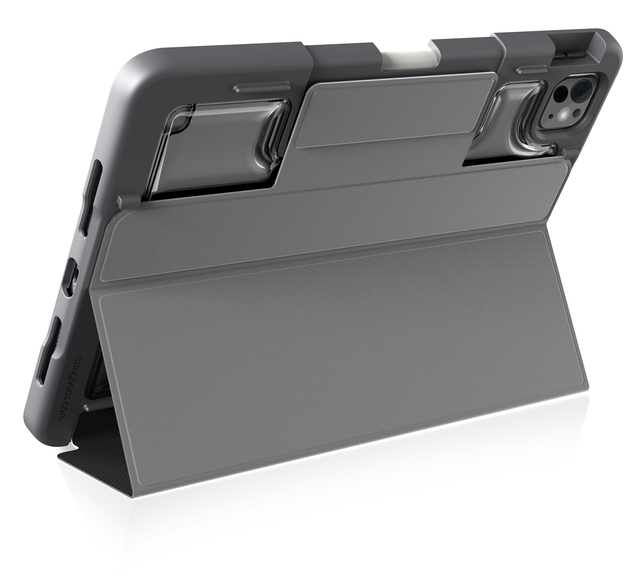 Funda de tableta gris con soporte. La tableta está soportada por la funda.