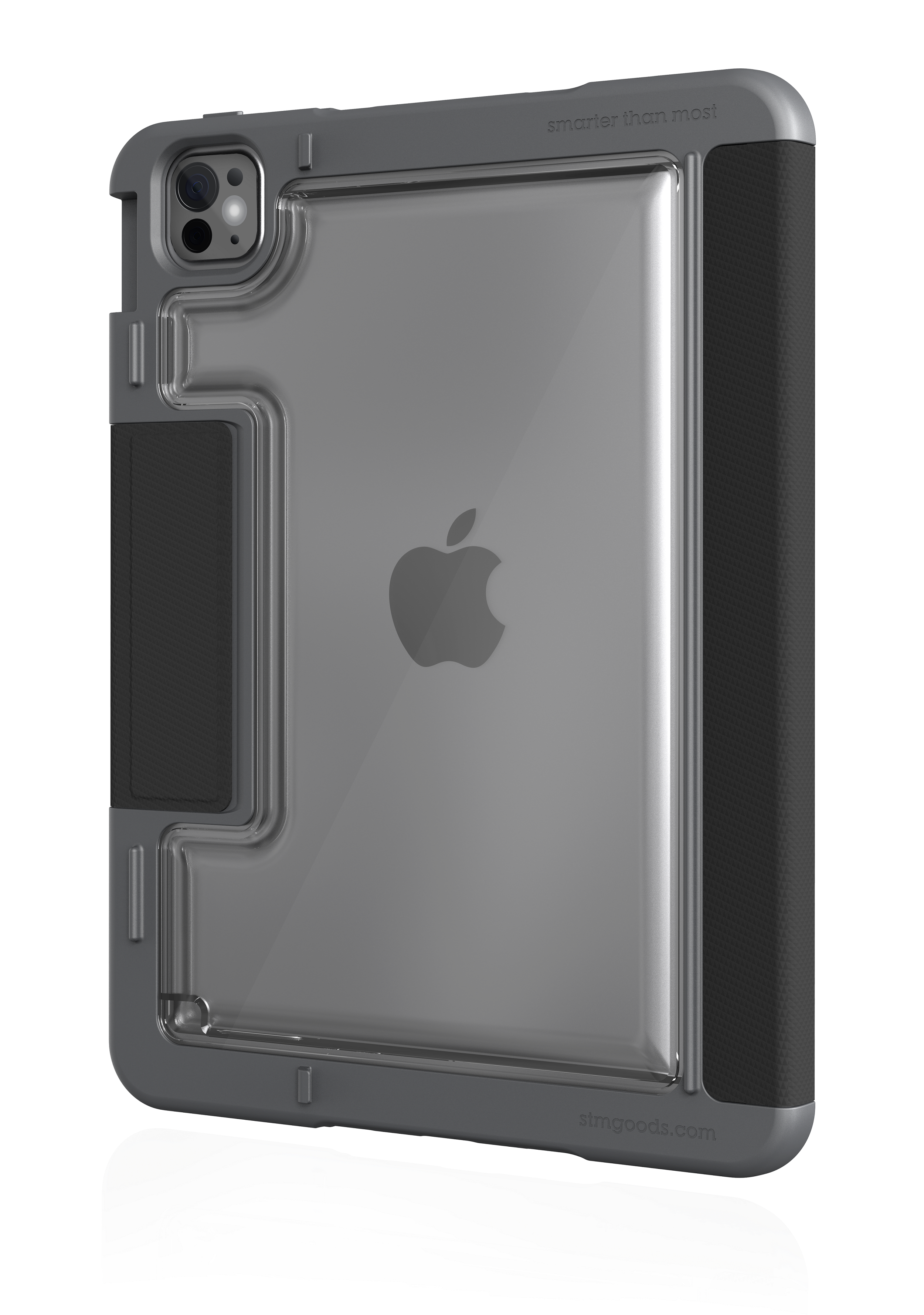 Un iPad en una funda protectora transparente, gris, con un agarre negro y un logotipo de Apple visible.