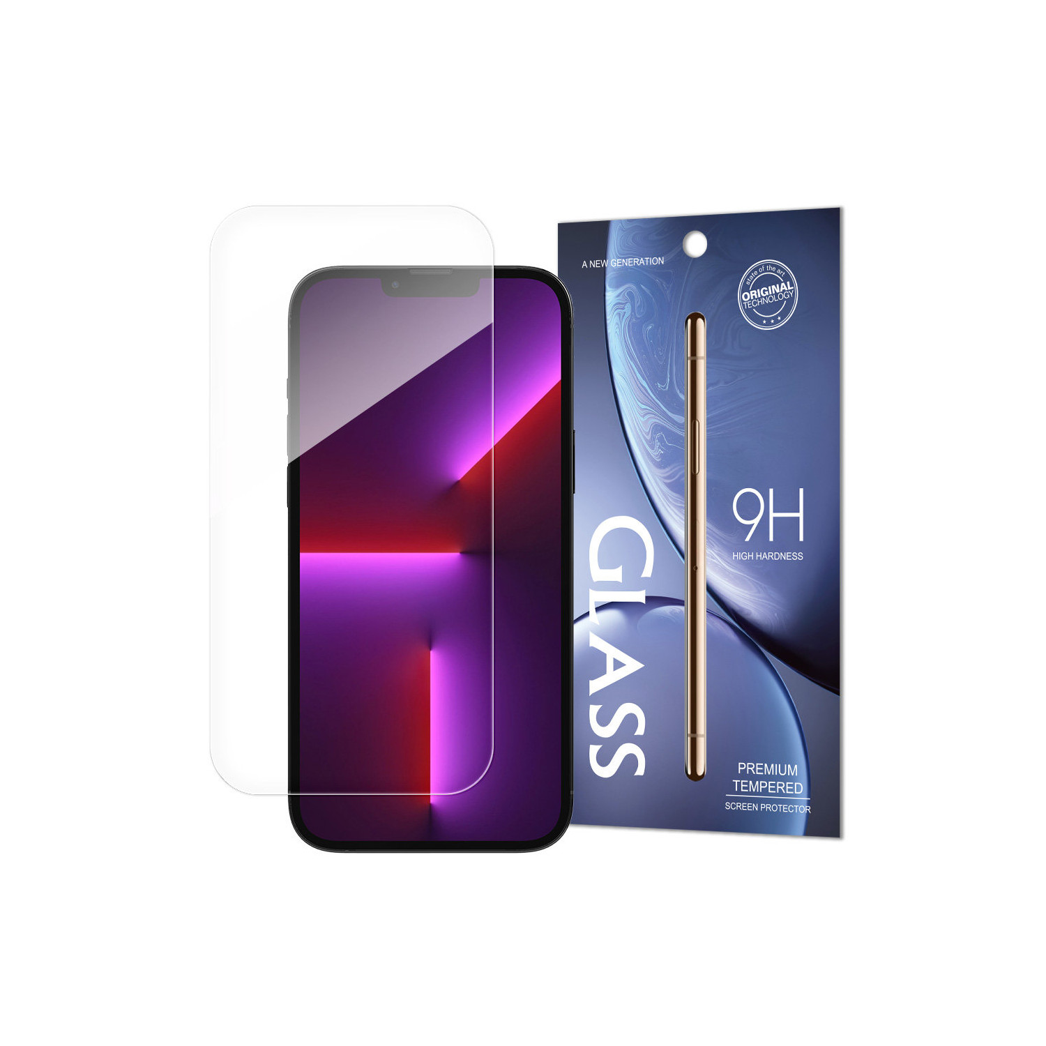 Ein Telefon mit Displayschutz und eine Box mit den Wörtern „GLASS“ und „9H“ darauf.