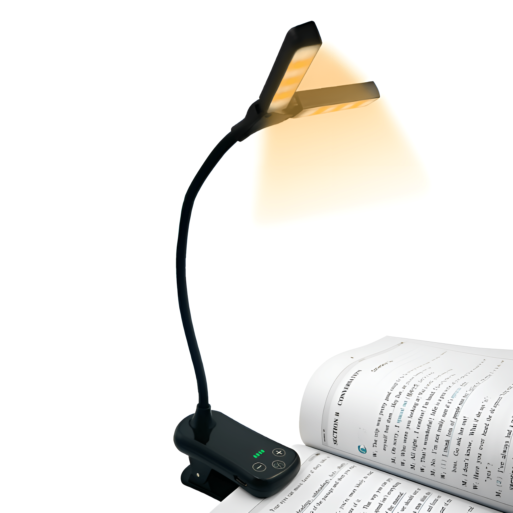 Schwarze Leselampe mit verstellbaren Lichtpaneelen, an einem Buch befestigt, beleuchtet die Seite.