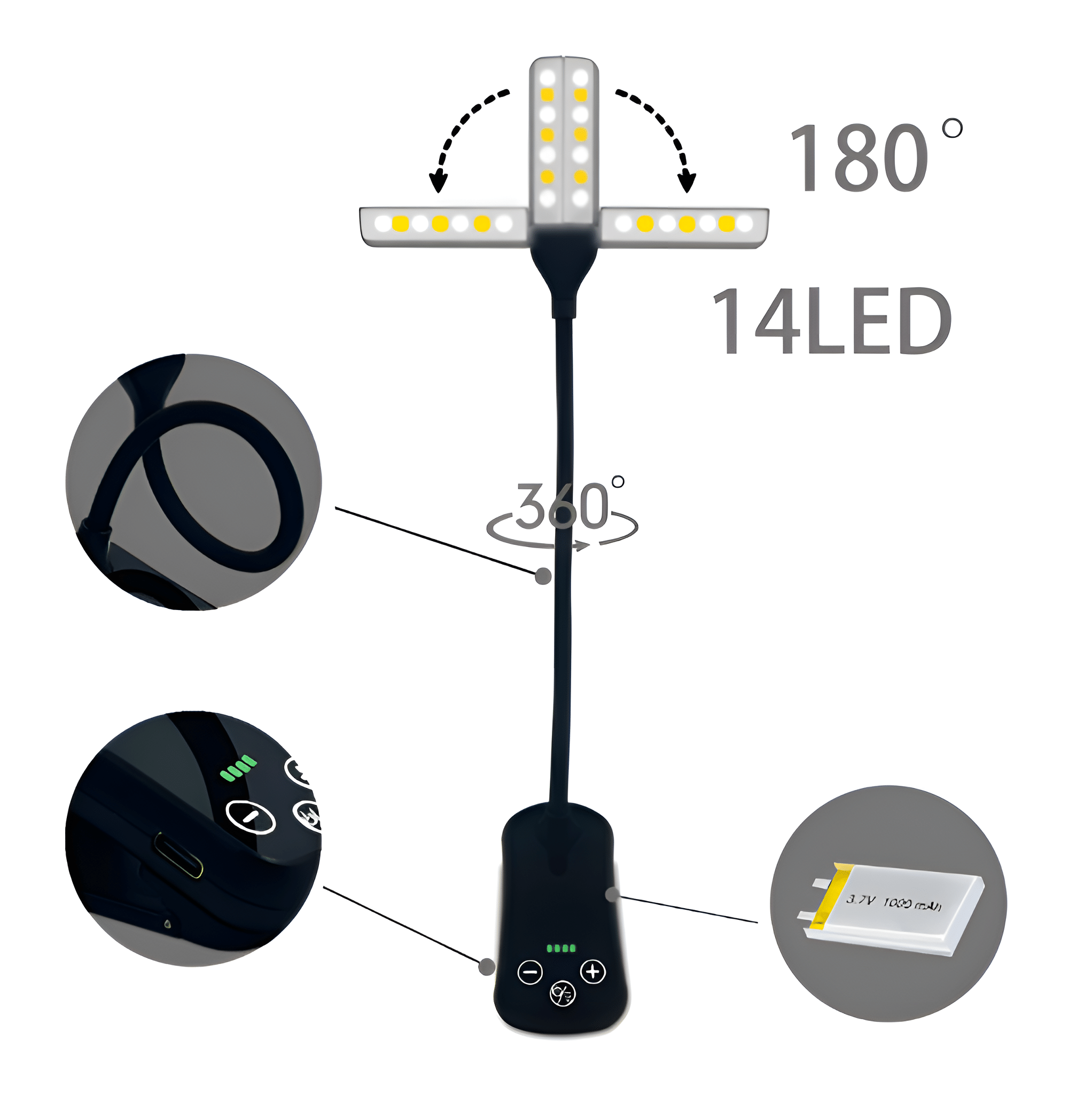 Flexible LED-Lampe mit verstellbaren Köpfen und Bedienfeld.