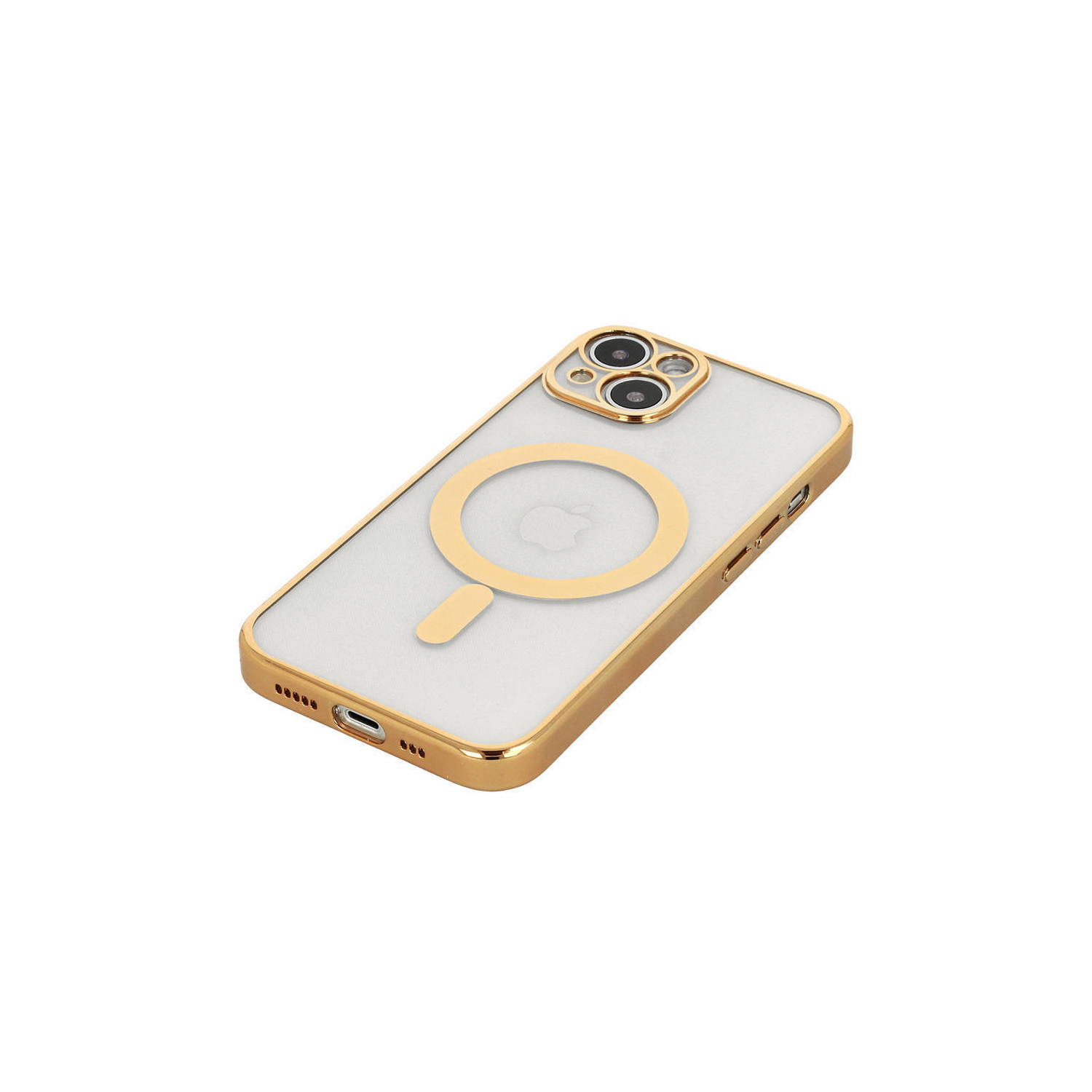 iPhone-Hülle mit goldenem Rahmen und Magnetring. Die Hülle ist transparent, das Apple-Logo sichtbar.