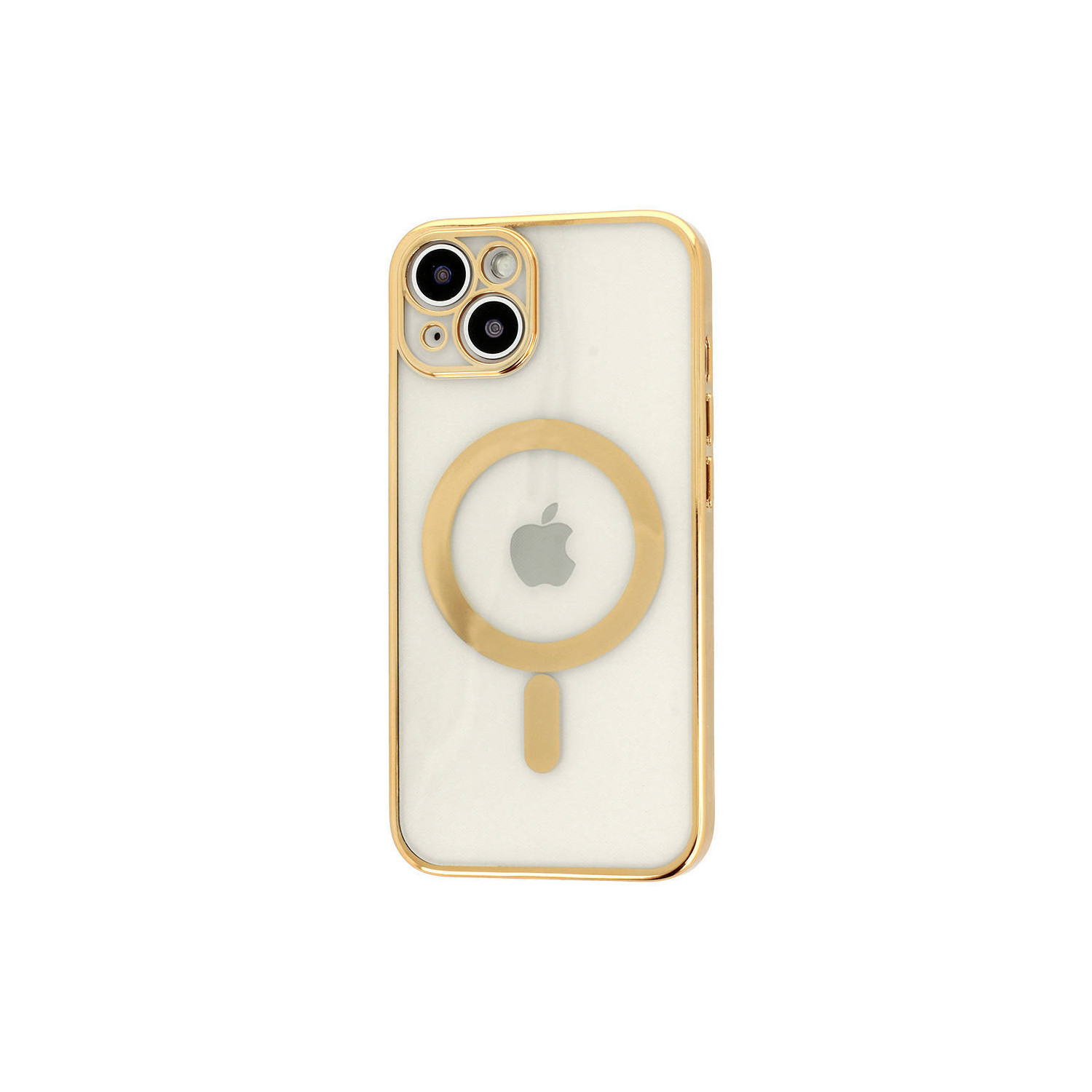 Goldenes iPhone-Case mit transparentem Rücken und goldenem Ring für MagSafe. Goldene Kameraränder.