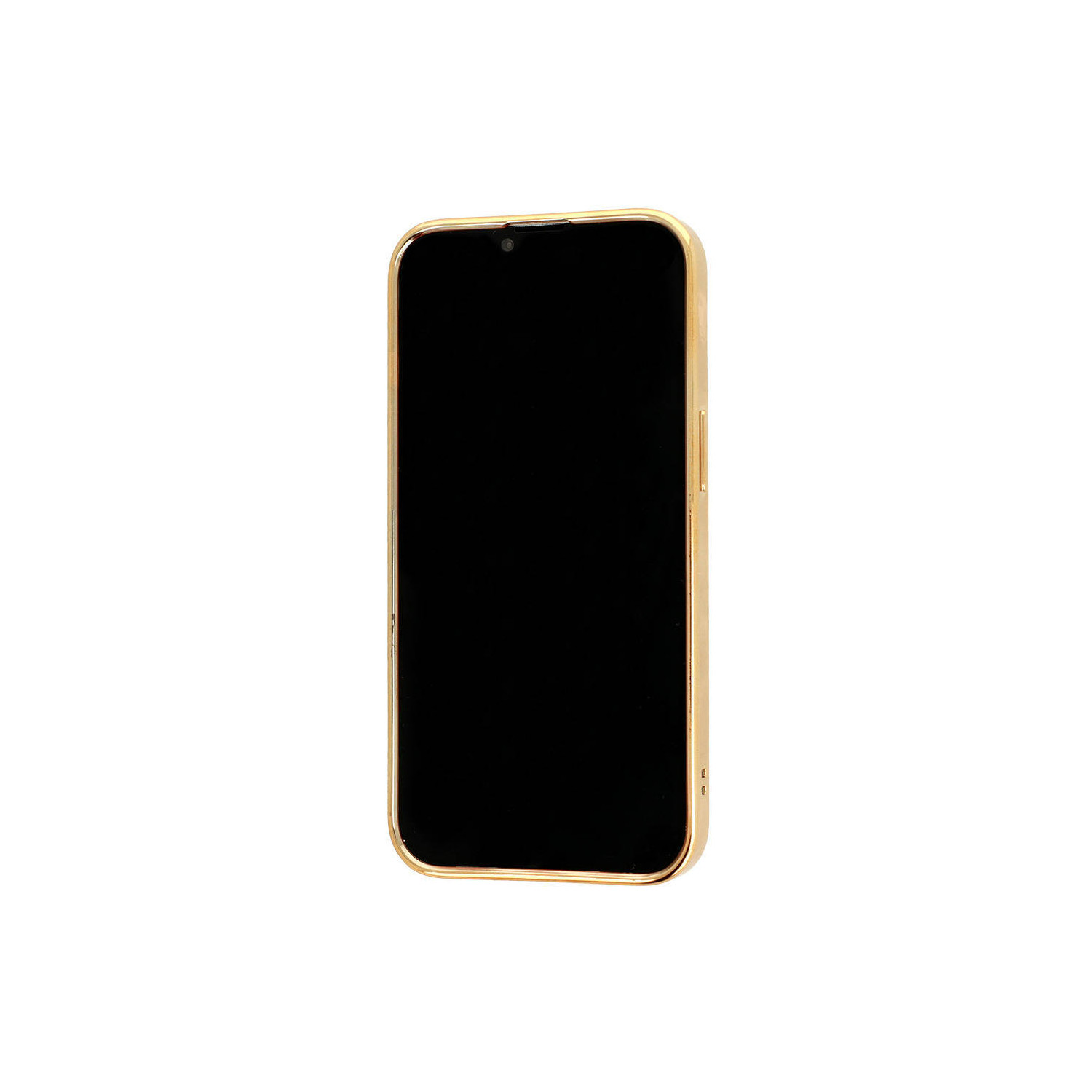 Ein goldgerahmtes Smartphone mit schwarzem Bildschirm.