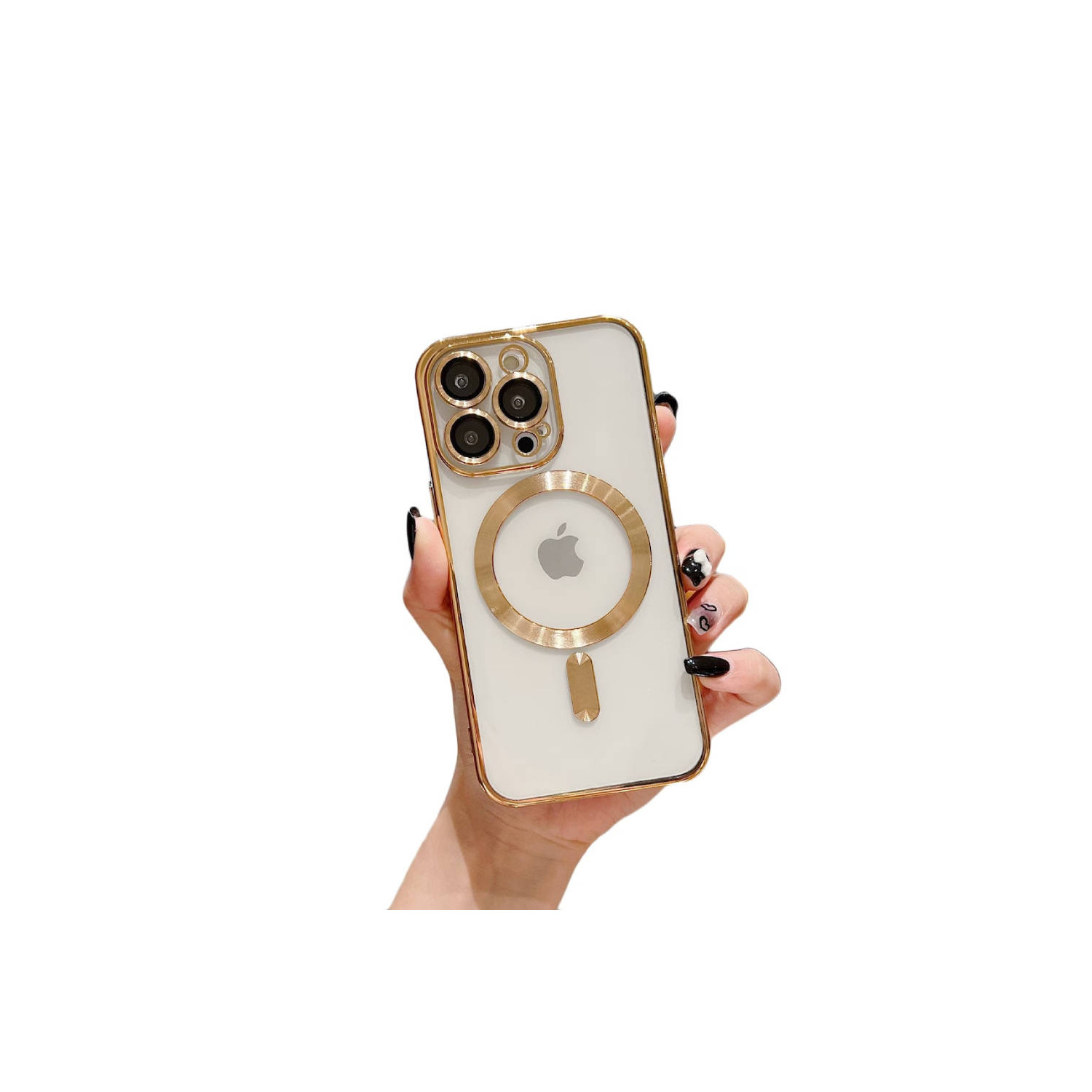 Eine Hand, die eine goldgerahmte Handyhülle mit Apple-Logo und Magnetring hält.