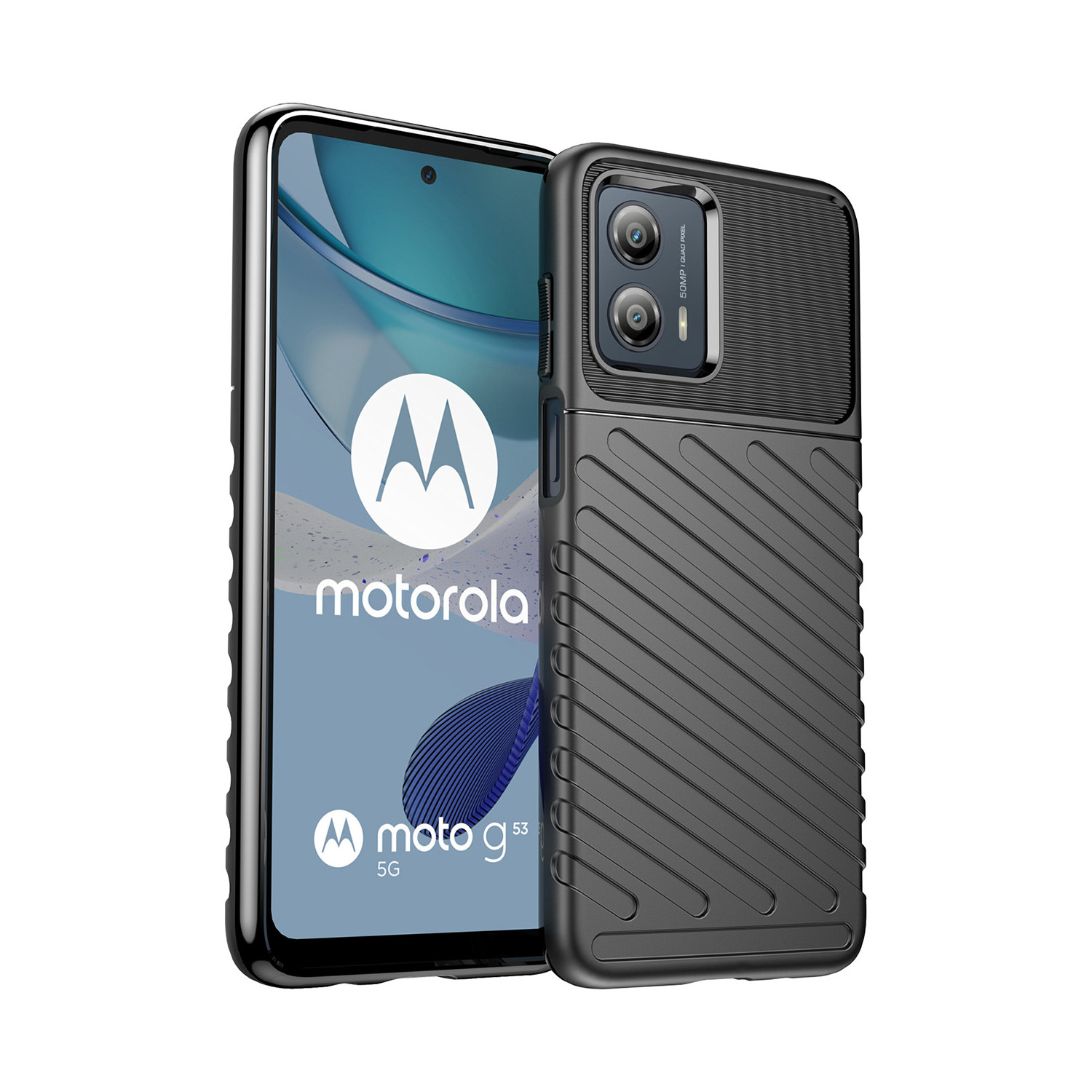 Eine schwarze Handyhülle auf einem Telefon mit Motorola-Logo und schwarzer Handyhülle. Der Text lautet 'moto g53'.