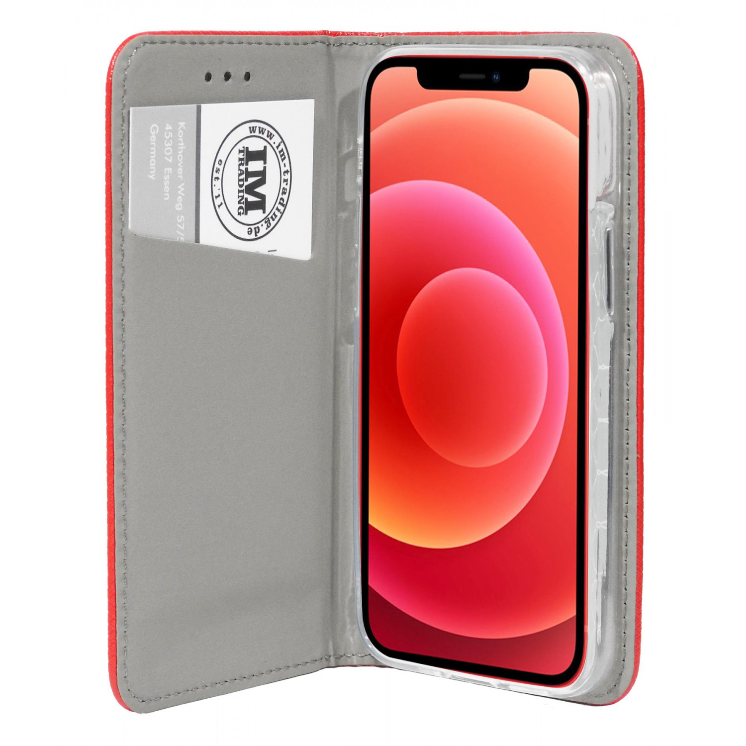 Eine rote Handyhülle mit einem Telefon darin. Sie hat einen Kartenhalter und das IM Trading-Logo.