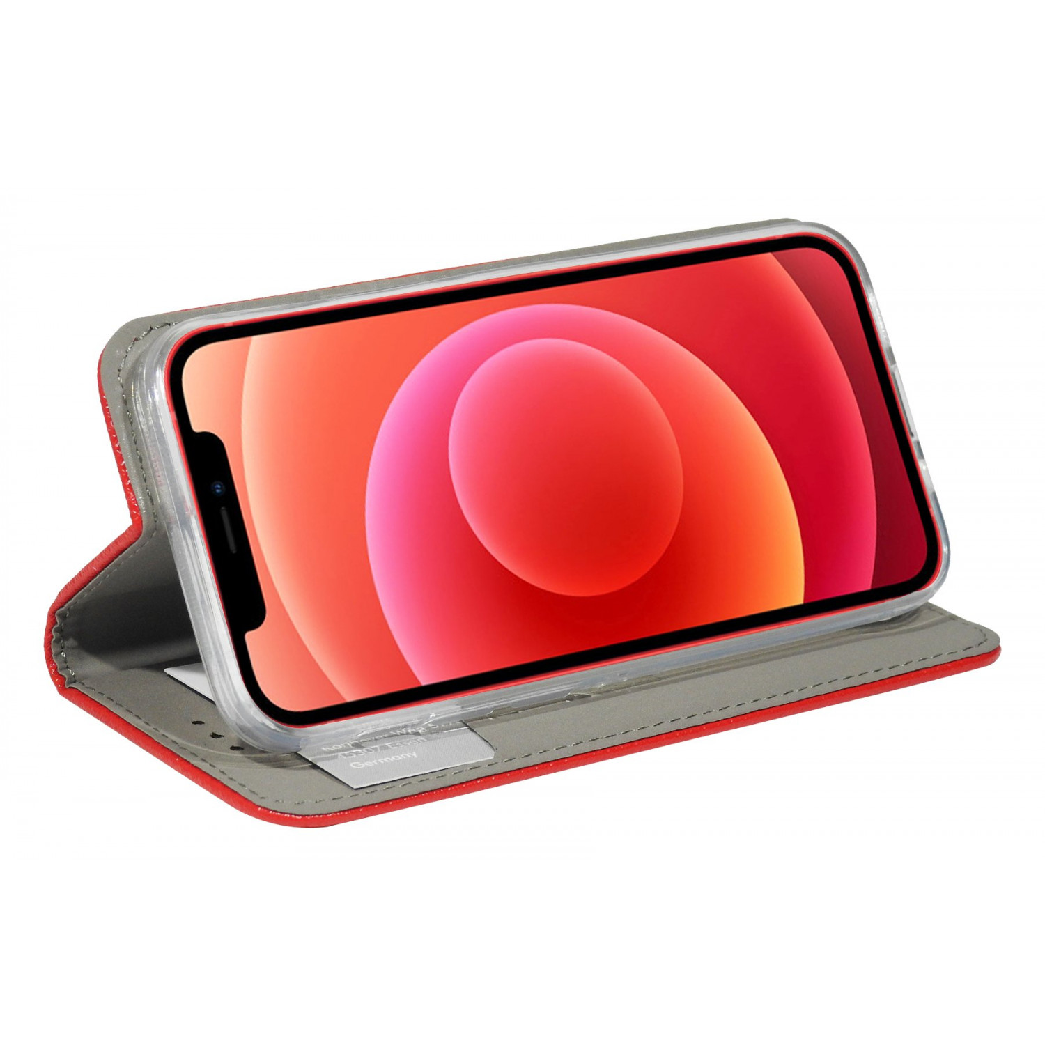 Handyhülle mit Telefon. Rote und graue Farben, Blumendesign.