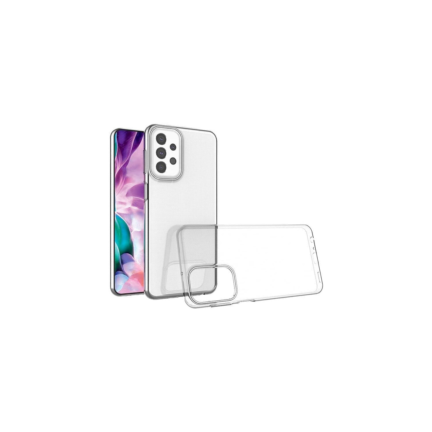 Transparente Handyhülle auf einem Telefon. Das Telefon und die Hülle befinden sich auf weißem Hintergrund.