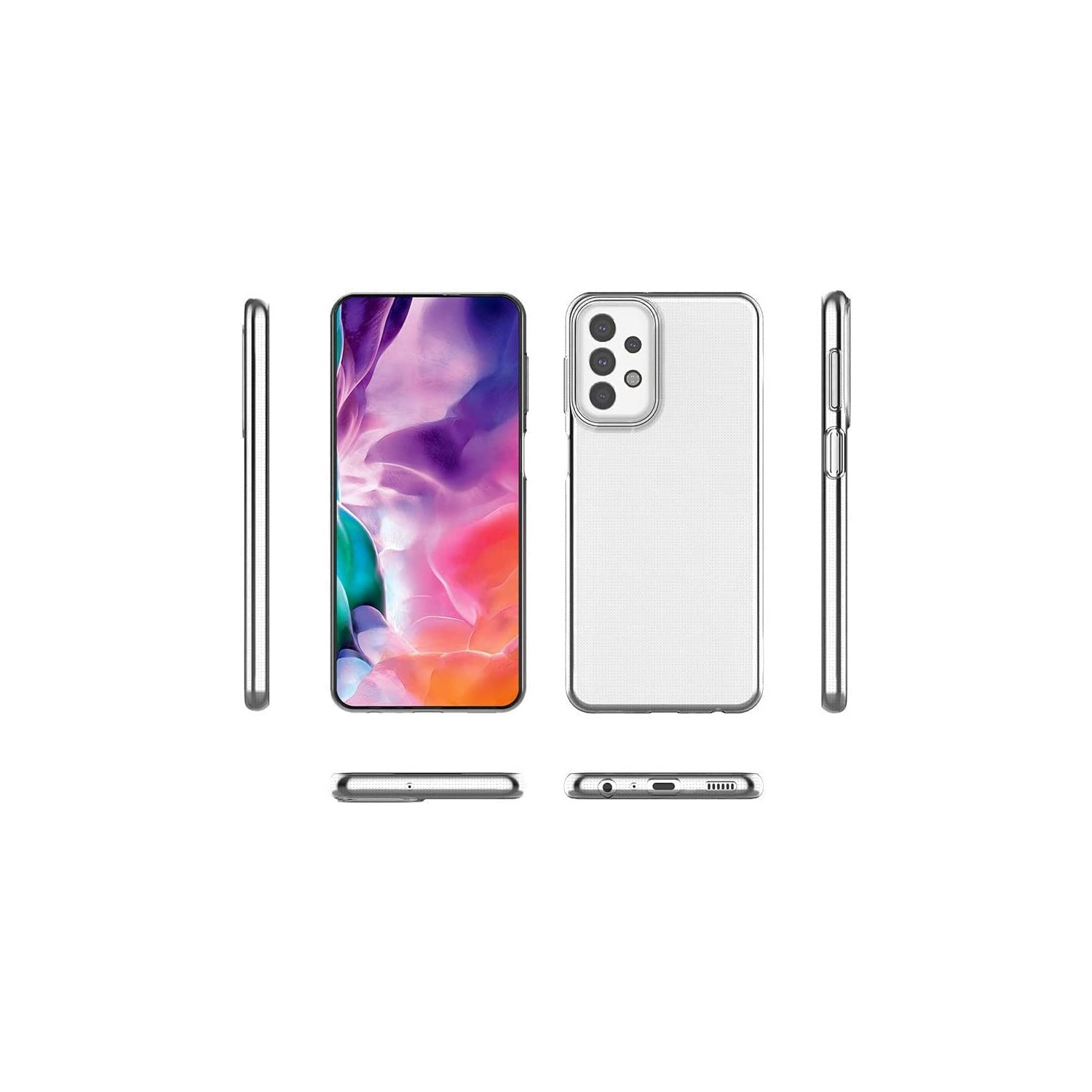 Ein Smartphone mit einer transparenten Schutzhülle. Mehrere Blickwinkel des Telefons werden gezeigt.