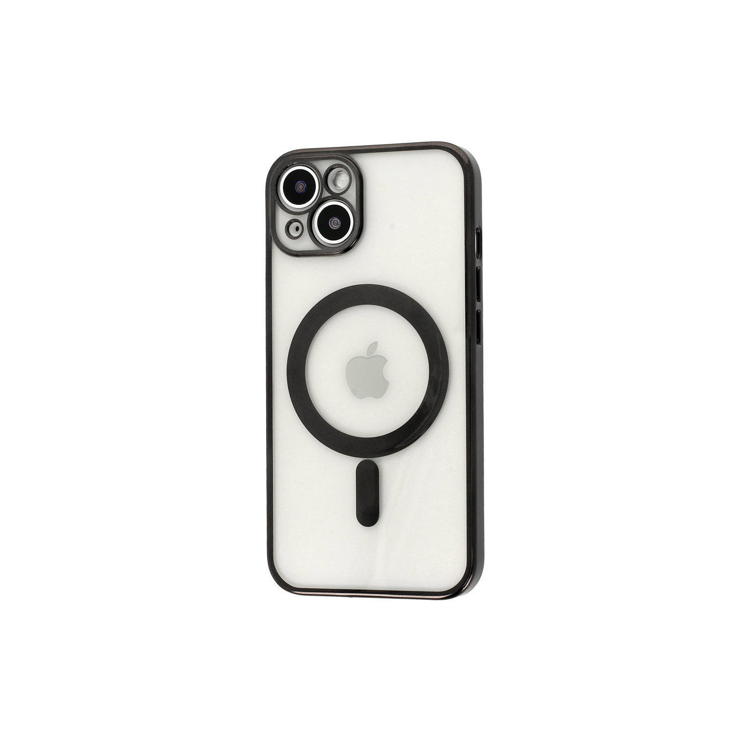 Weißes Handycase mit schwarzem Rahmen. Schwarzer Kreis mit Apple-Logo. Isoliert auf Weiß.