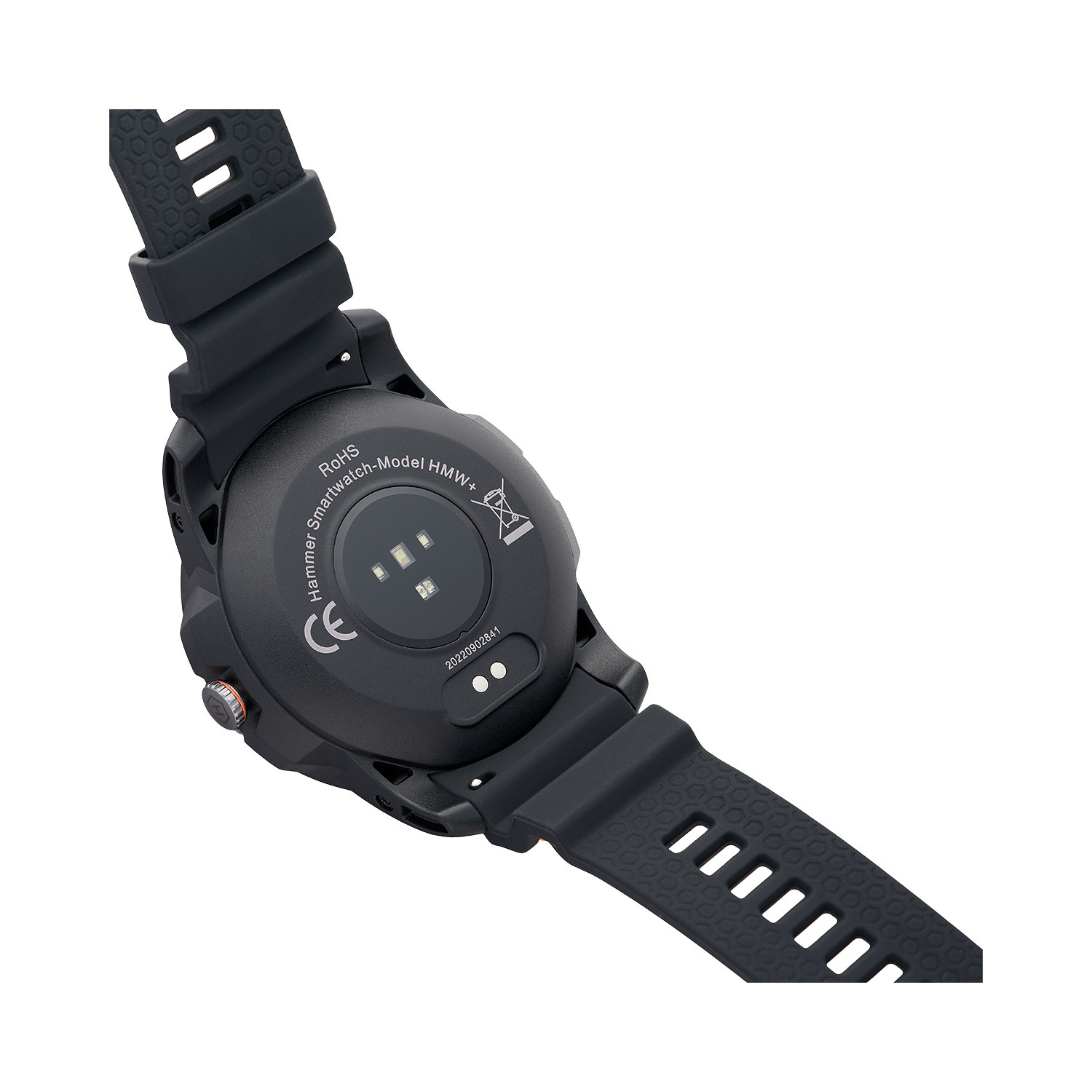 Schwarze Smartwatch, Rückansicht, mit Sensoren und Armband befestigt.