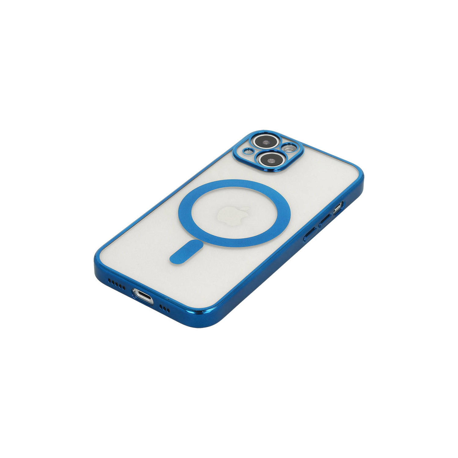 Eine blaue iPhone-Hülle mit durchsichtigem Rücken und blauem Ring für MagSafe. Die Kameralinsen sind sichtbar.