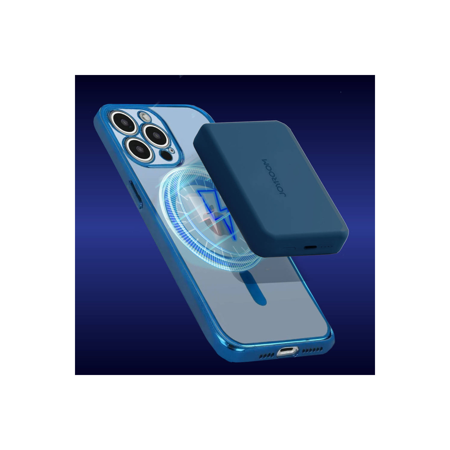 Eine blaue Handyhülle mit einer dunkelblauen Powerbank, wobei die Kamera des Telefons sichtbar ist. Der Hintergrund ist dunkelblau.