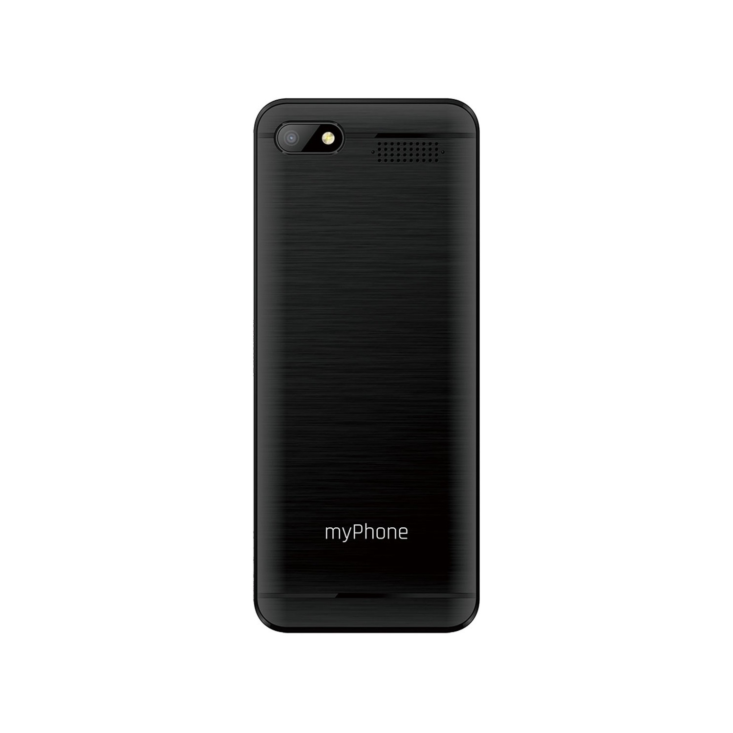 Rückseite des schwarzen Telefons. Die Rückseite des Telefons hat ein strukturiertes Design. Die Marke 'myPhone' ist geschrieben.