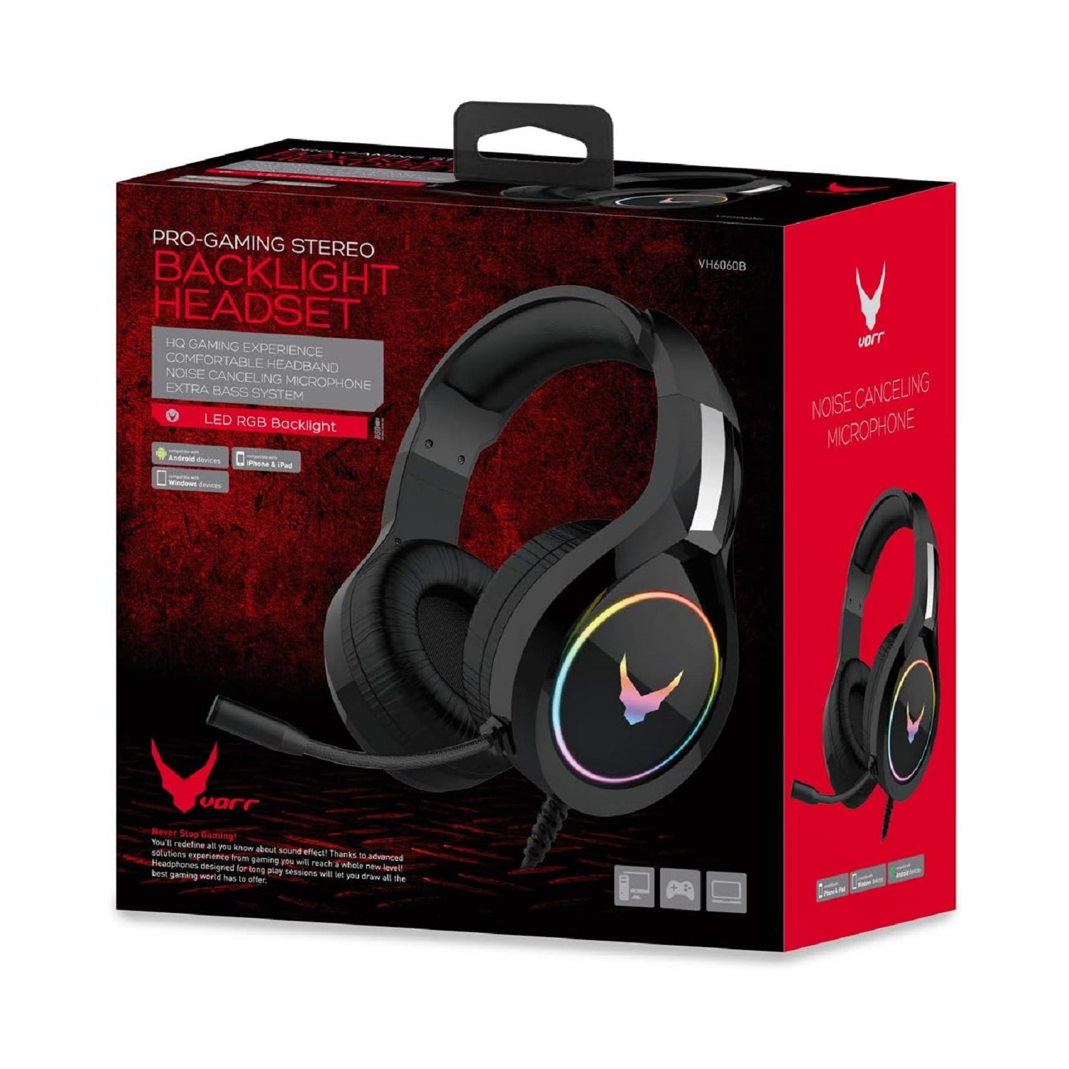 Black gaming headset in a red box, with text and illustrations on the front.