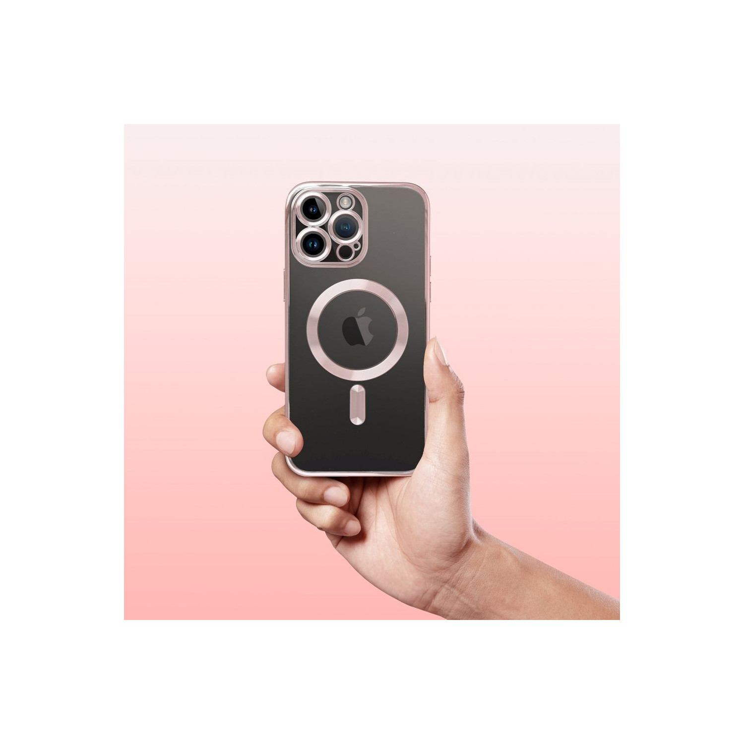 Eine Hand, die eine iPhone-Hülle mit transparentem Rücken hält. Die Hülle ist rosa. MagSafe-Ring ist sichtbar.