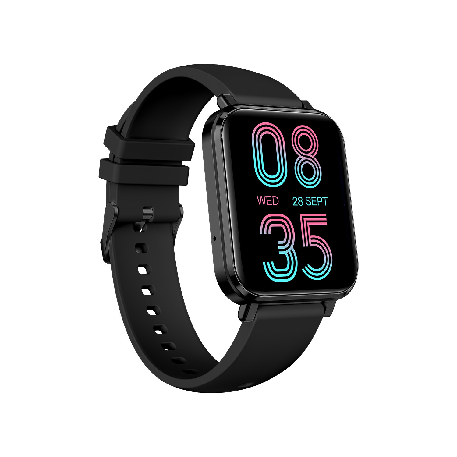 Eine schwarze Smartwatch mit quadratischem Bildschirm, der Zeit und Datum anzeigt, an einem schwarzen Armband.