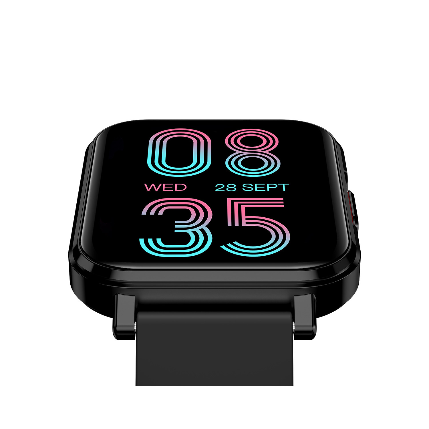 Schwarze Smartwatch mit quadratischem Bildschirm, der Uhrzeit und Datum anzeigt. Weißer Hintergrund.