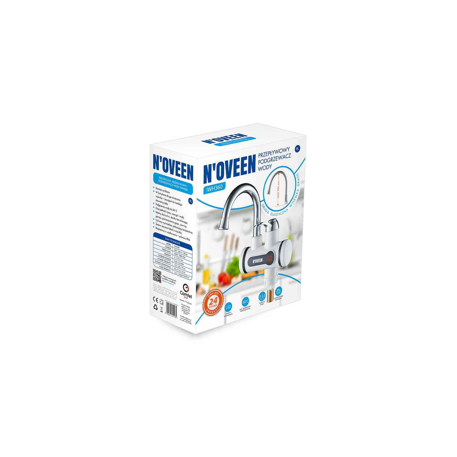 Opakowanie podgrzewacza wody N'Oveen, z detalami produktu i specyfikacją techniczną.