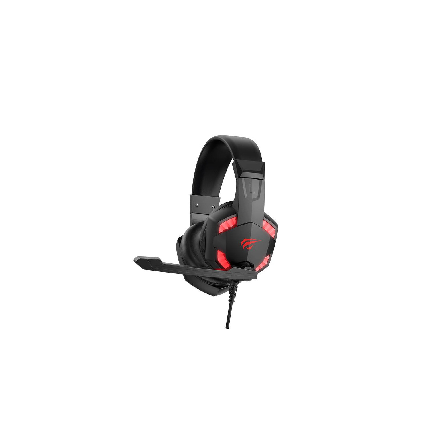 Auriculares gaming negros con luces rojas y micrófono. Fondo blanco.