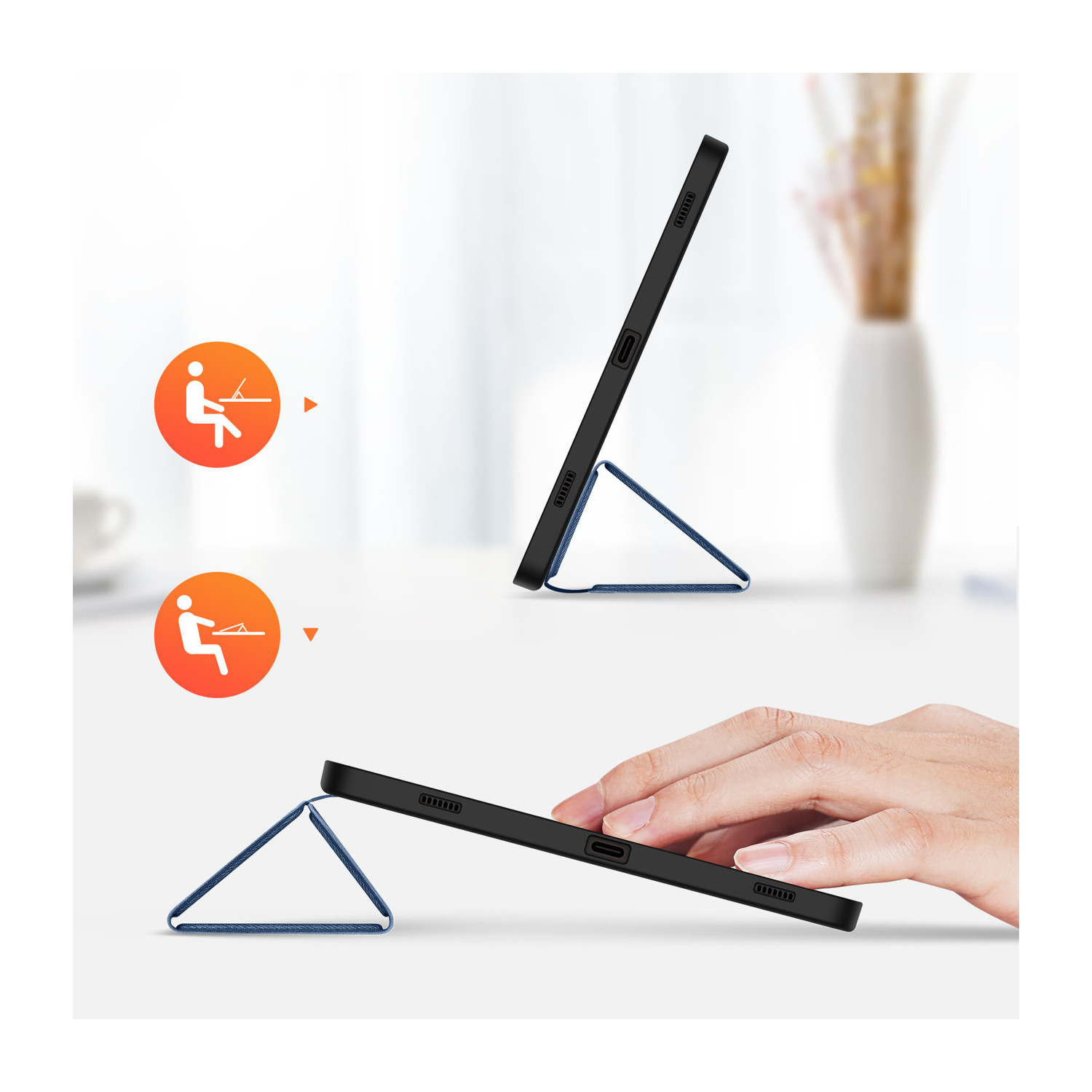 Custodia per tablet con supporto integrato, mostrata in due posizioni diverse. Icone arancioni sopra.