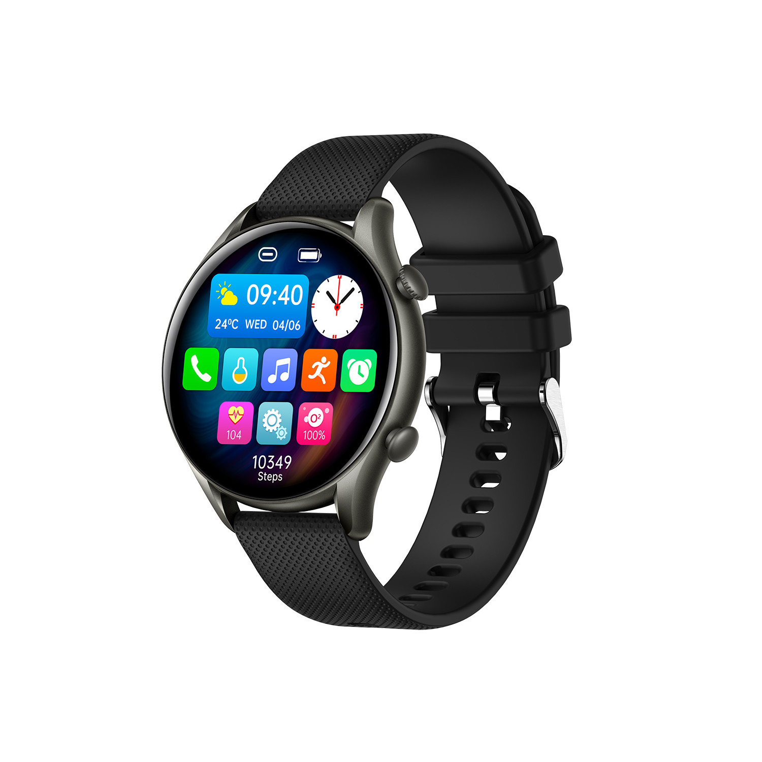 Smartwatch mit rundem Display, zeigt Zeit und Gesundheitsdaten.
