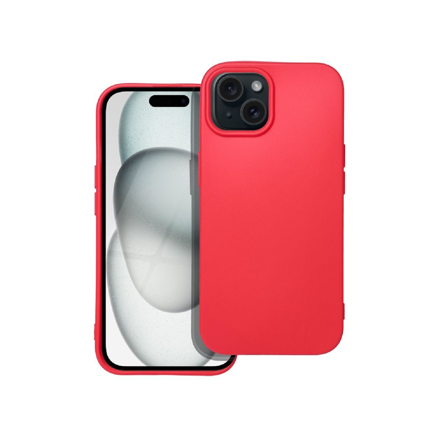 Eine rote Handyhülle auf einem Telefon, vor weißem Hintergrund.