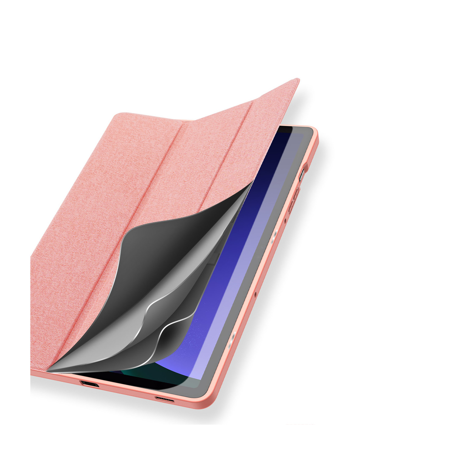 Tablet in custodia rosa. La cover è parzialmente aperta, rivelando lo schermo.