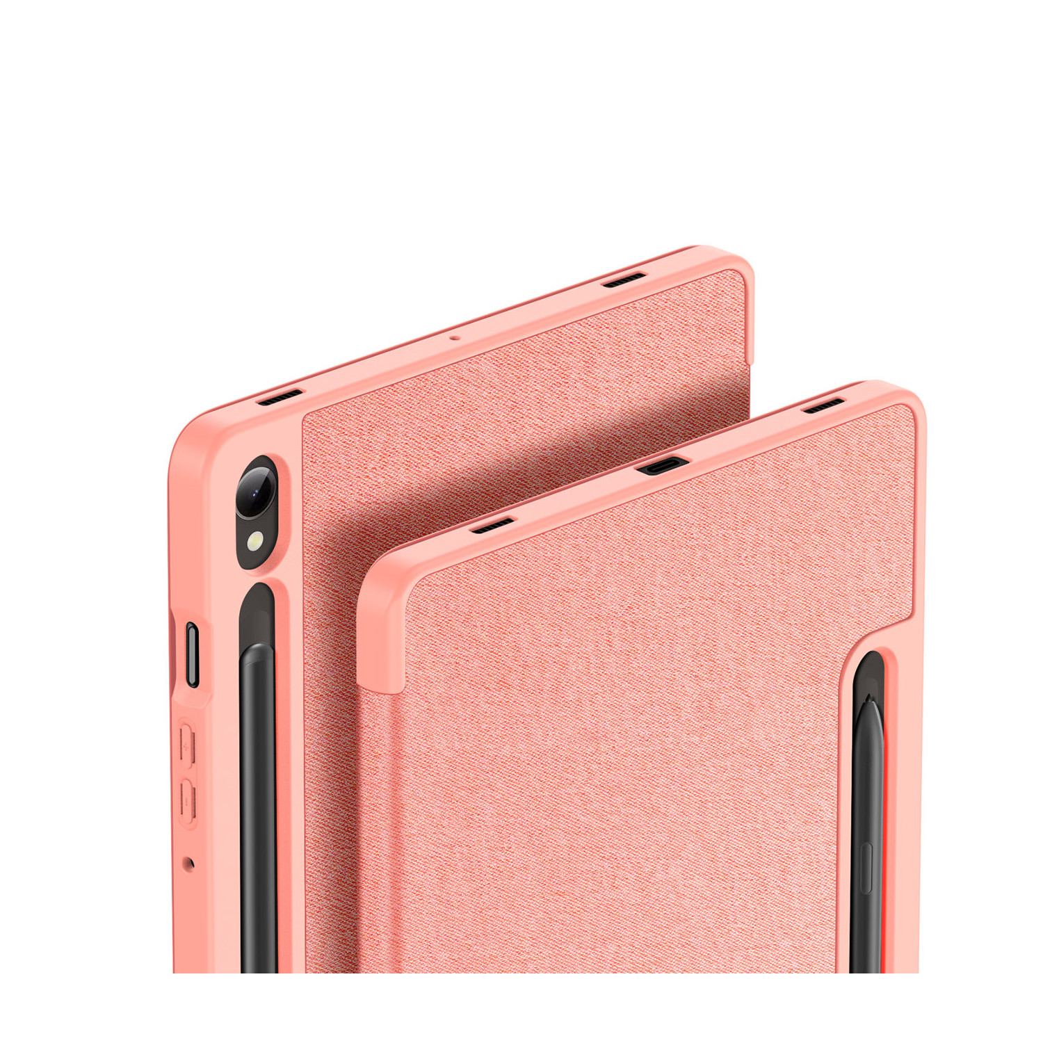 Custodia per tablet rosa con portapenne. Vista posteriore, che mostra lo slot per la penna.