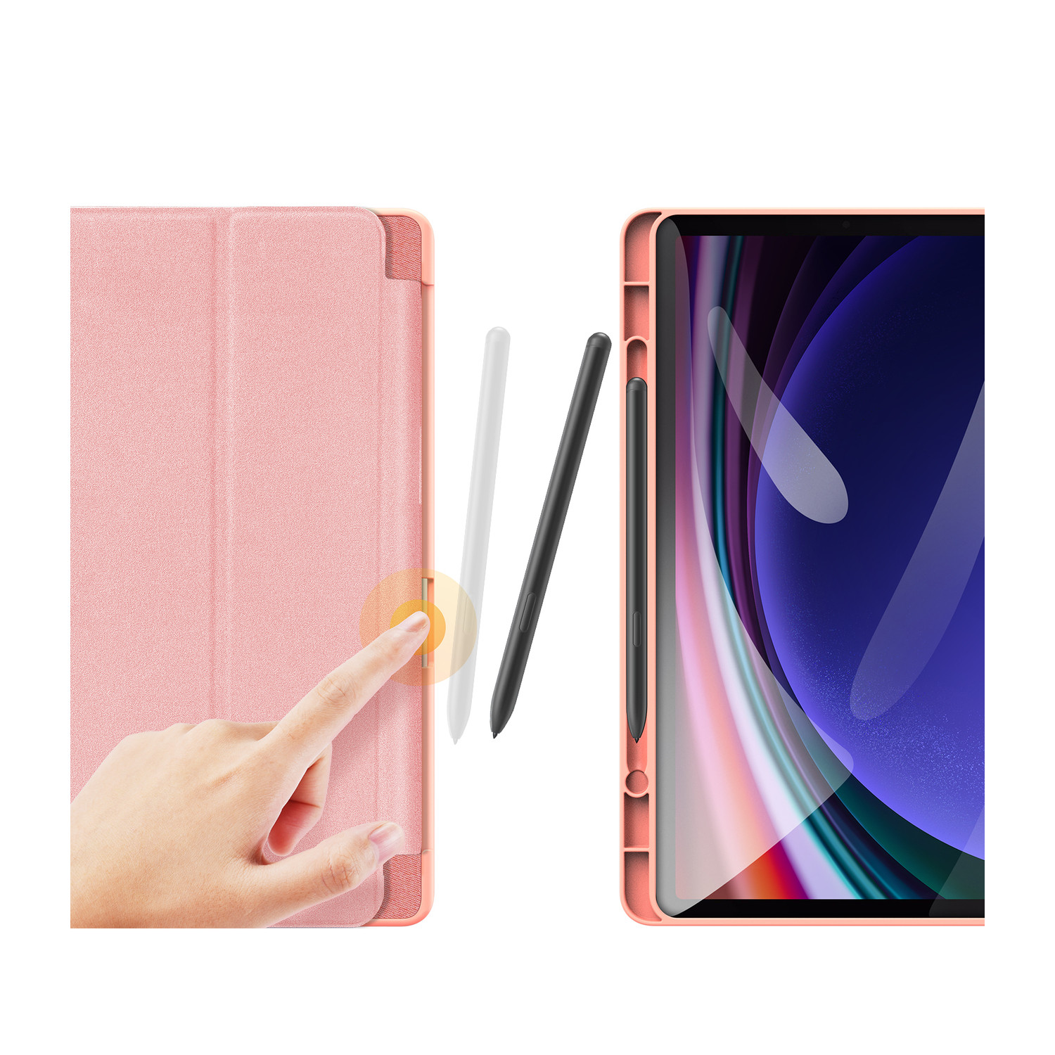 Tablet rosa con custodia e penne. Una mano tocca una penna.
