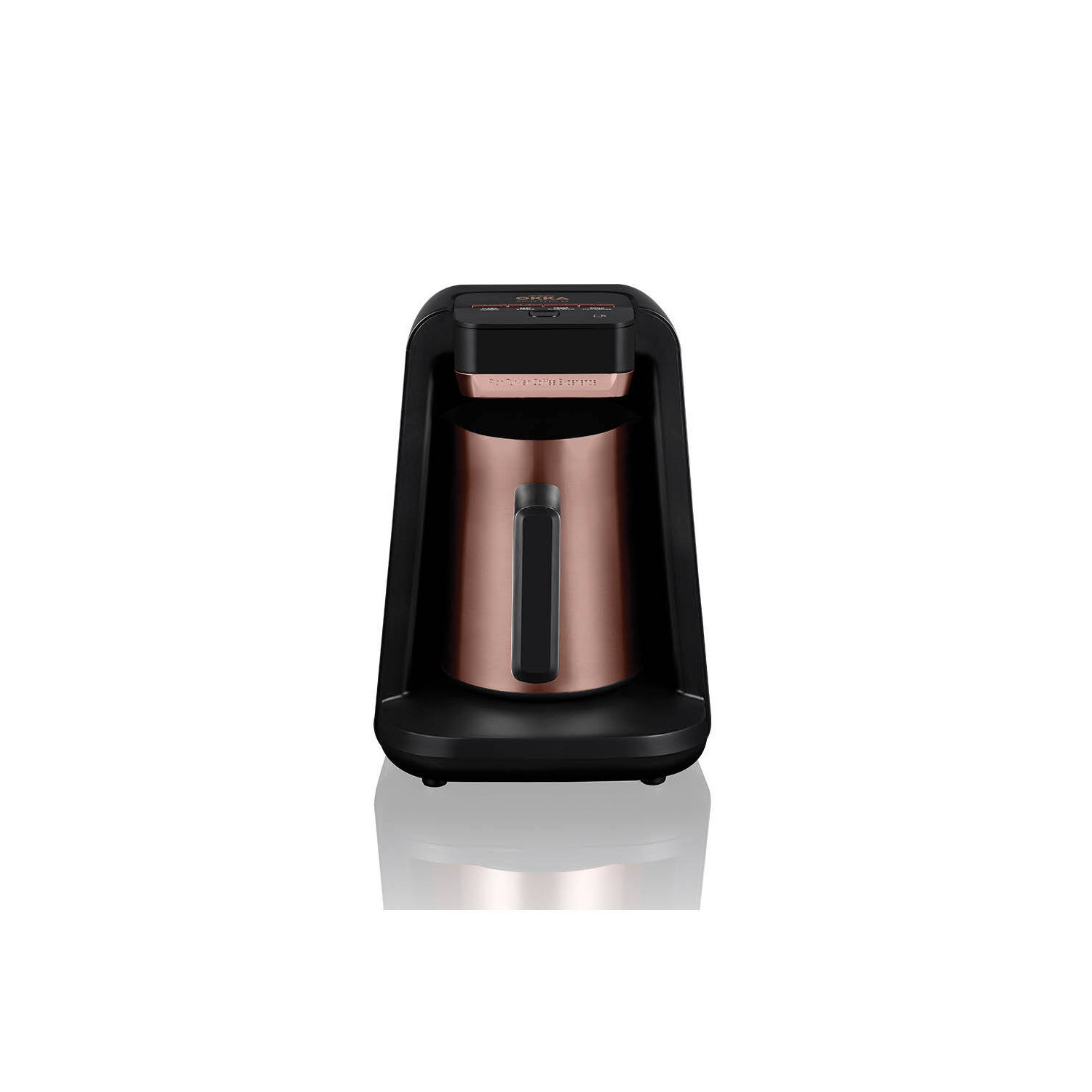 Eine schwarze Kaffeemaschine mit roségoldfarbenen Akzenten, vor weißem Hintergrund.