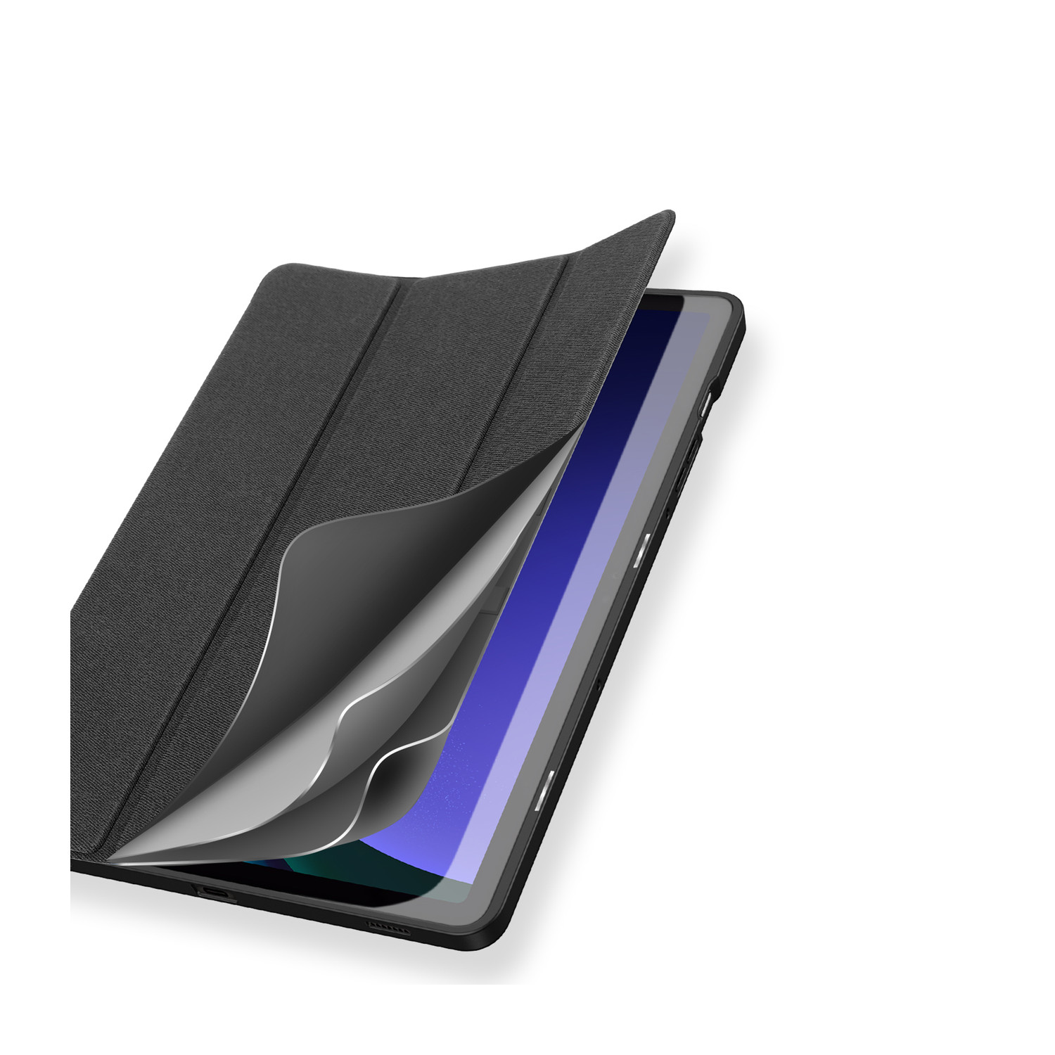 Custodia per tablet nera con coperchio parzialmente aperto. L'interno mostra colori a strati. Sfondo bianco.