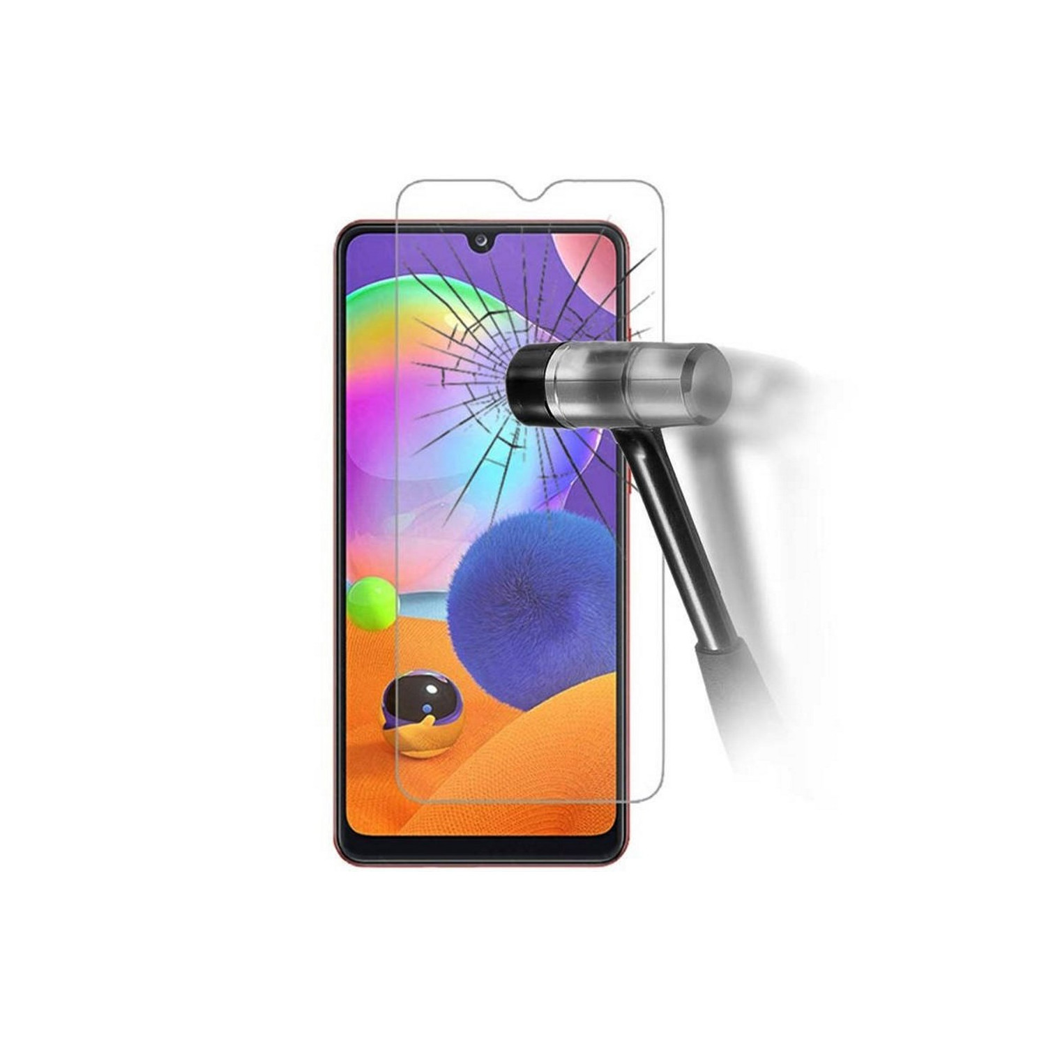 Ein Telefon mit einem gesprungenen Bildschirm und ein Hammer daneben, der einen Displayschutz zeigt.