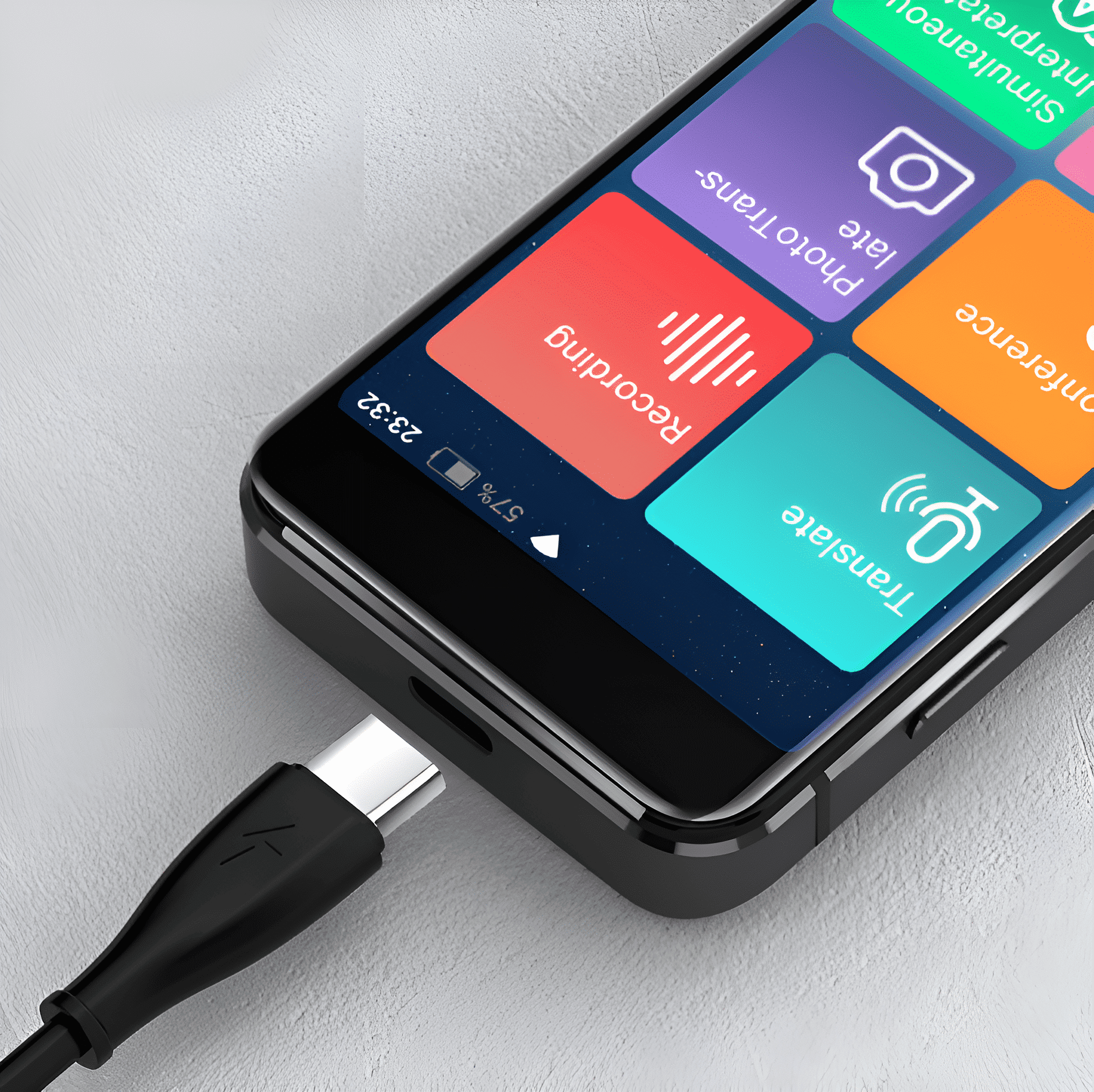 Smartphone mit angeschlossenem USB-C-Kabel, zeigt verschiedene App-Symbole.