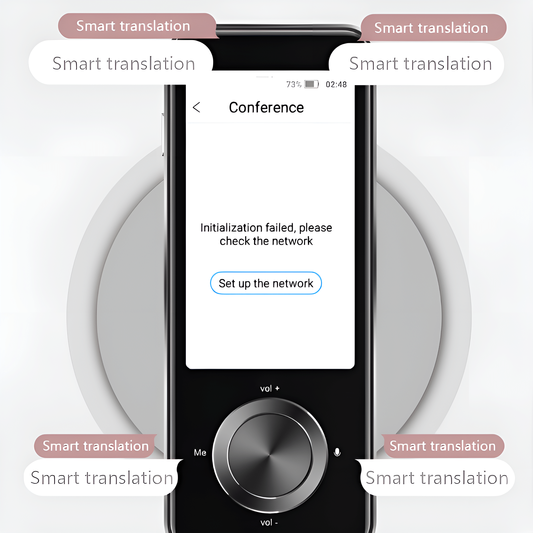 Handy-Bildschirm mit einer App, die einen Initialisierungsfehler anzeigt. Smart-Übersetzungs-Tags sind vorhanden.