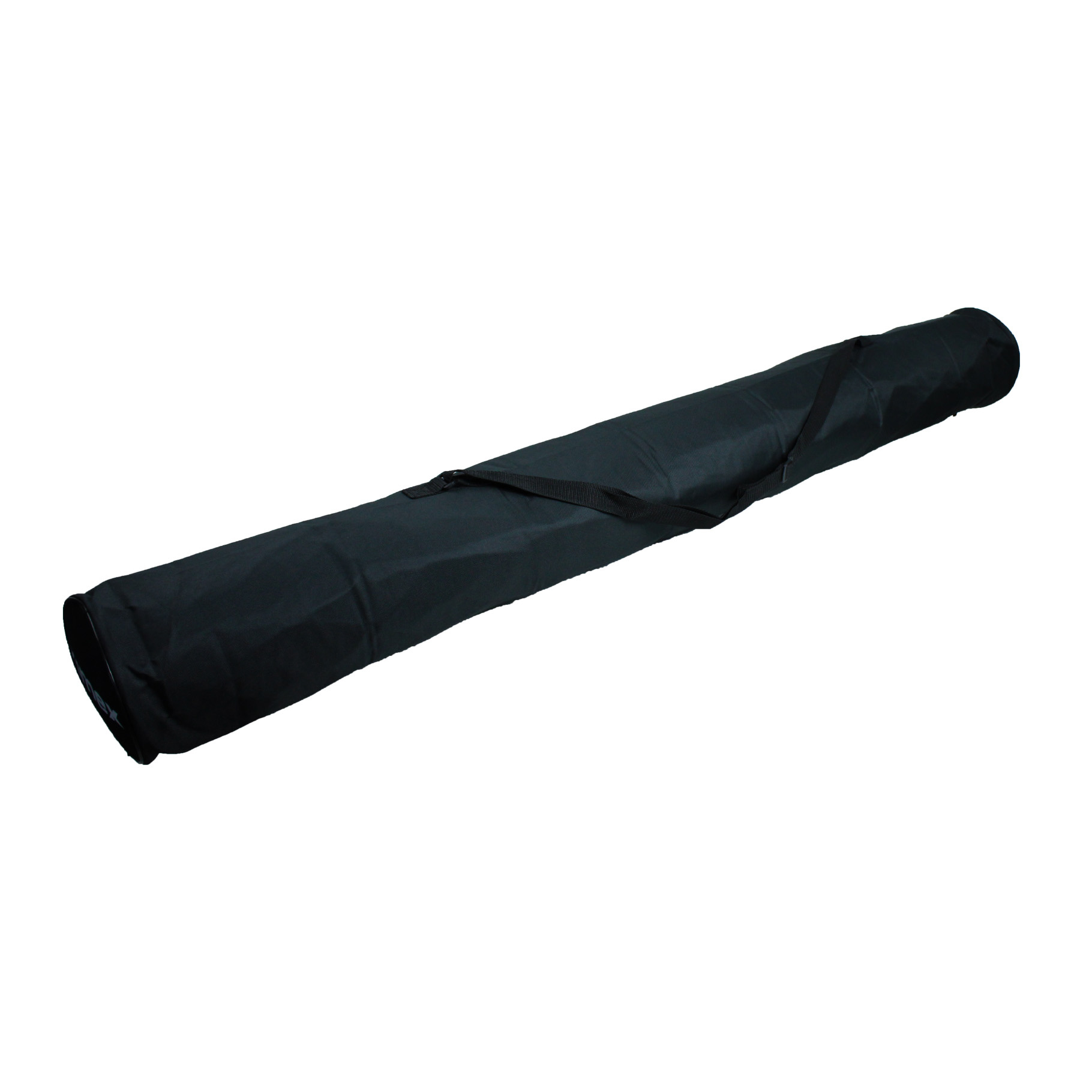Bolsa cilíndrica negra con correa para el hombro, posiblemente para transportar objetos.