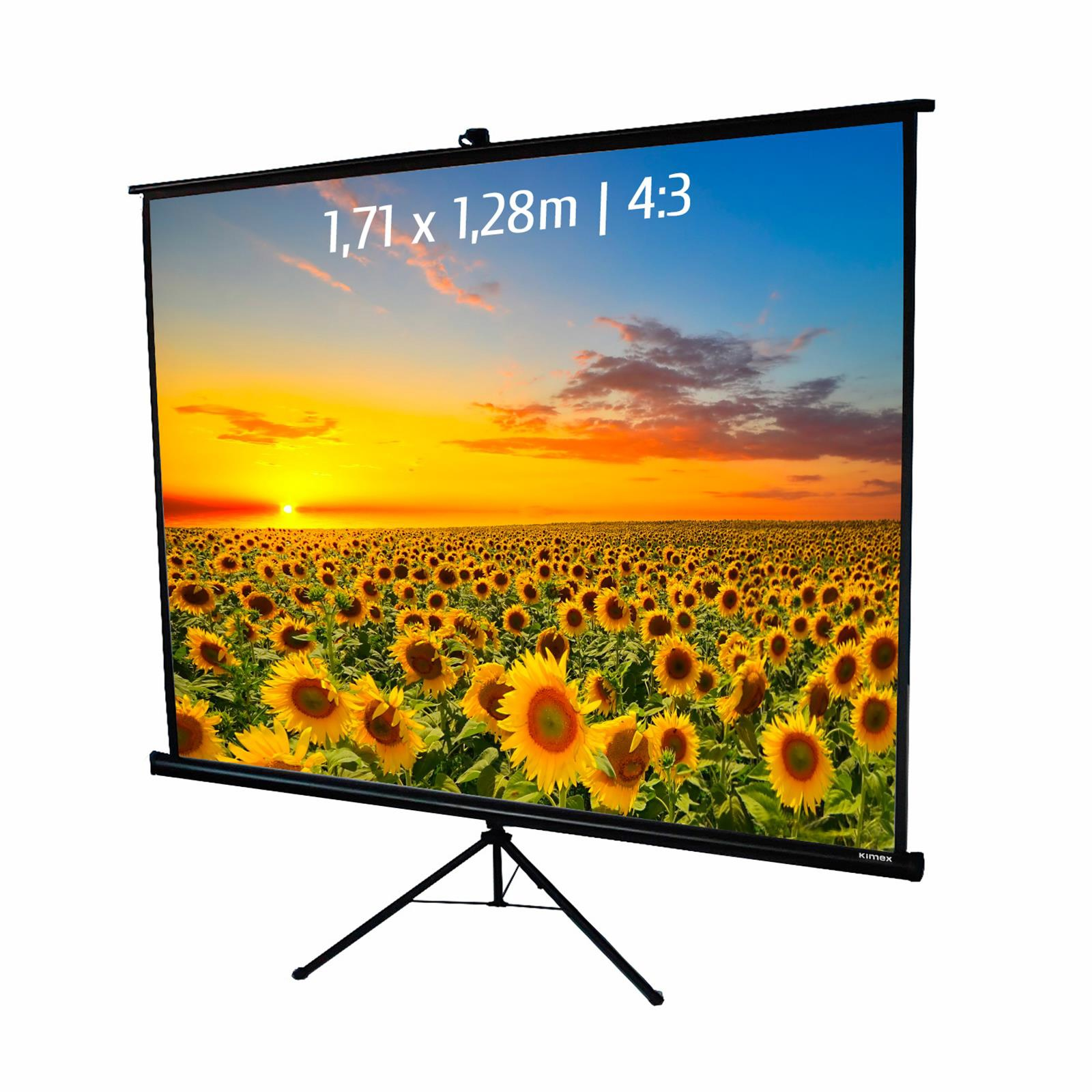 Pantalla de proyección con imagen de campo de girasoles. Marco y soporte negros. Texto: 1,71 x 1,28m | 4:3.