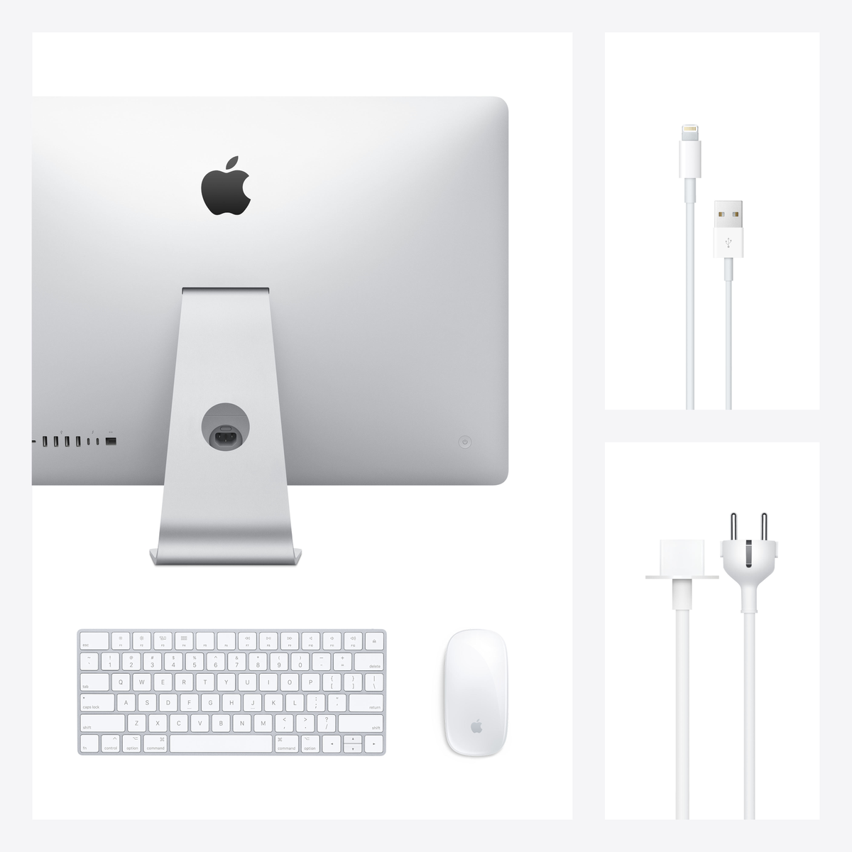 Srebrny komputer iMac z klawiaturą, myszą i kablami zasilającymi. Logo Apple na tylnej stronie monitora.