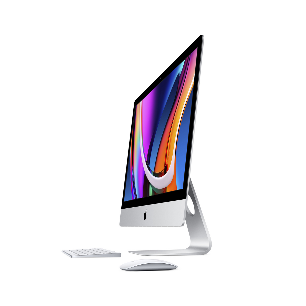 Srebrny iMac z klawiaturą i myszą na białym tle. Ekran wyświetla kolorowy, abstrakcyjny obraz.